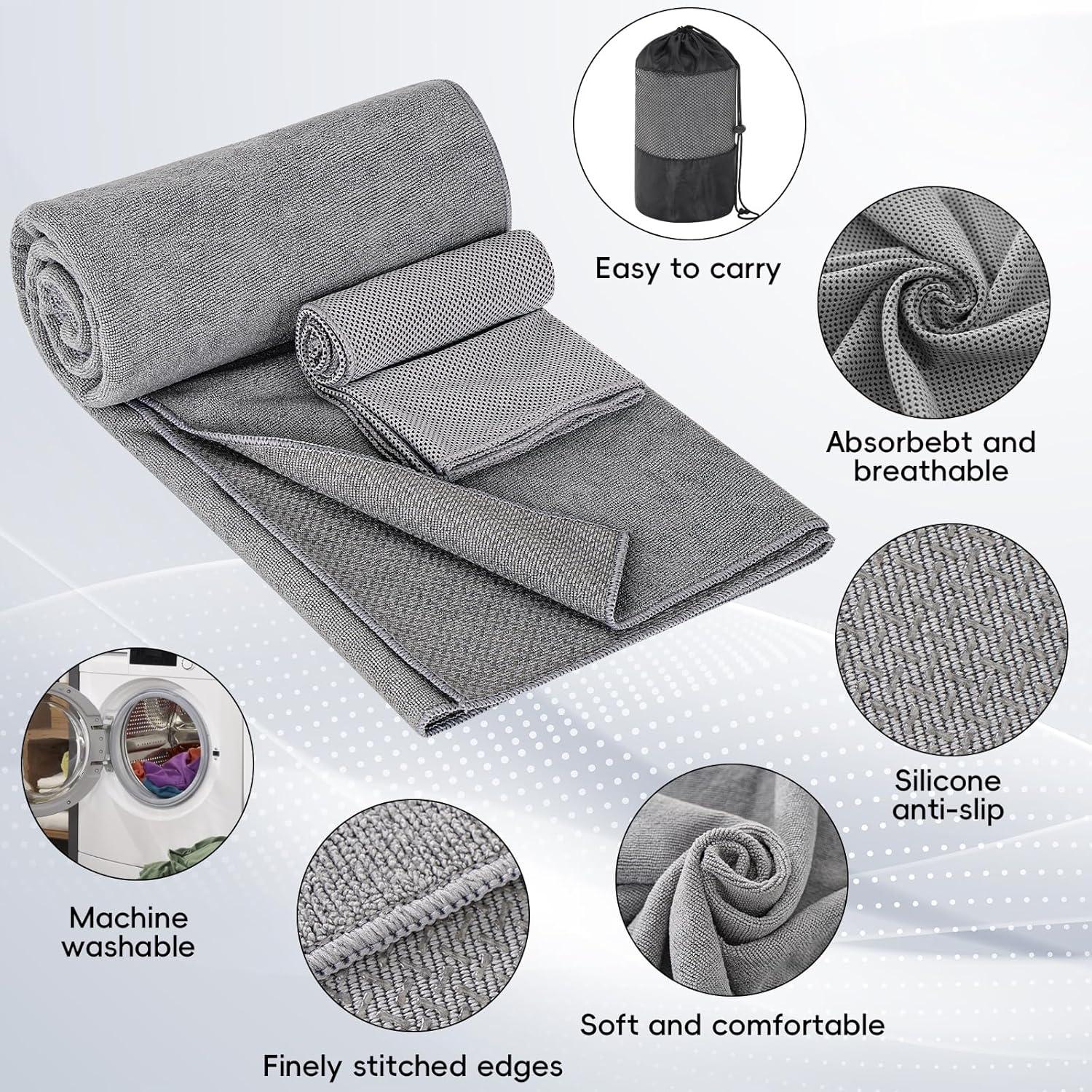 Hot Yoga Towel, Yoga Mat Towels for Hot Yoga Non Slip Yoga Towels 72''X24.8'' with Grip Dots Cooling Towel Sweat Absorbent Microfiber Pilates Towel for Bikram Exercise and Fitness (Gray)