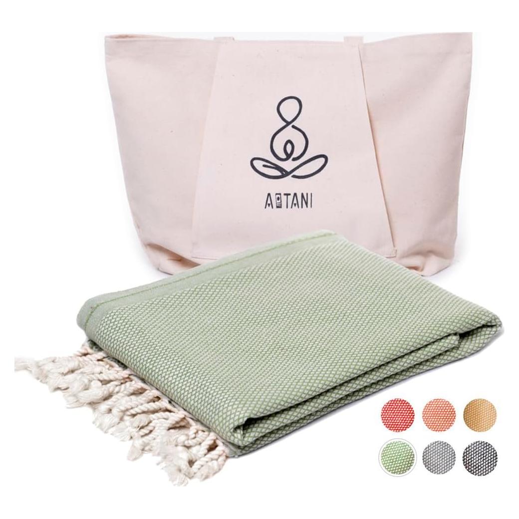 Toalla de Playa Turca ATANI 100% Algodón Verde 178x89 cm con Bolsa