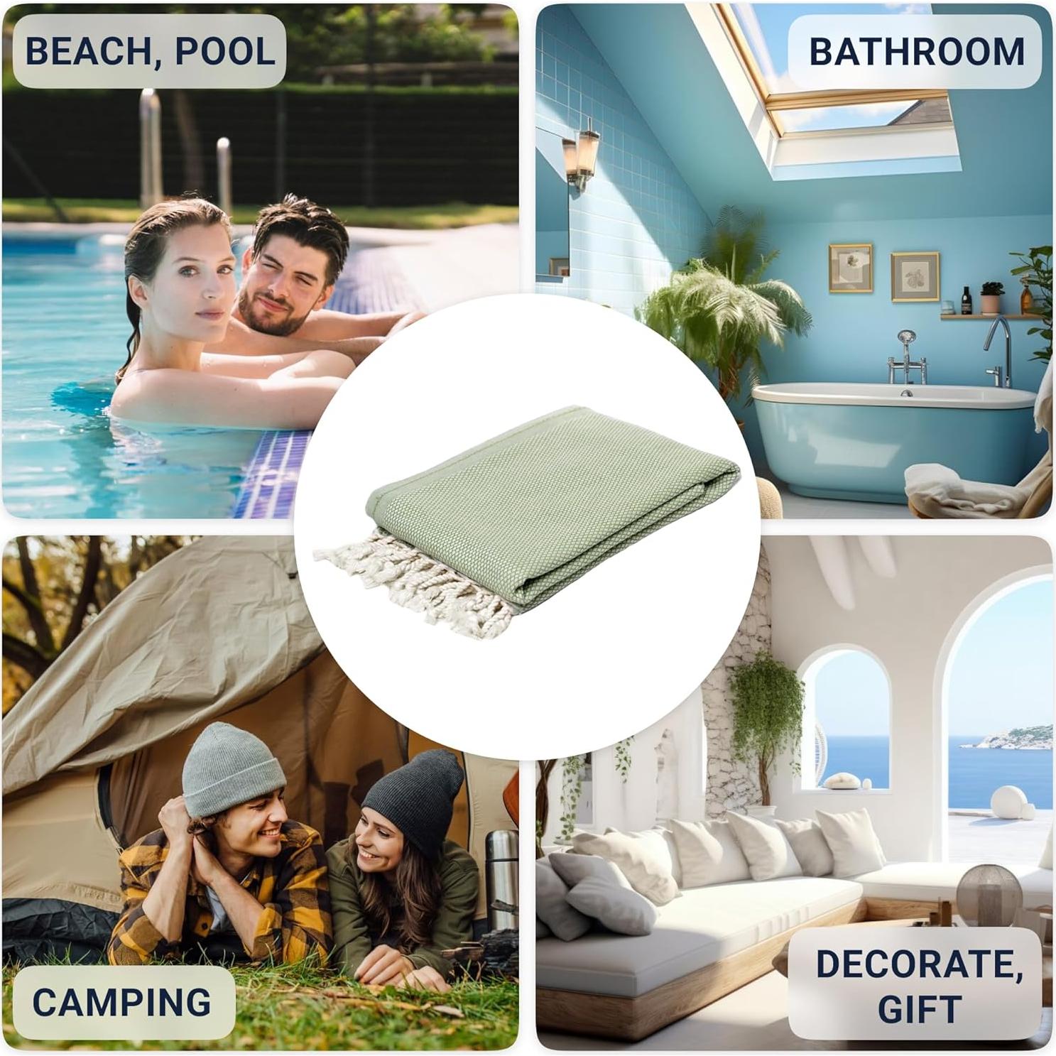 Toalla de Playa Turca ATANI 100% Algodón Verde 178x89 cm con Bolsa