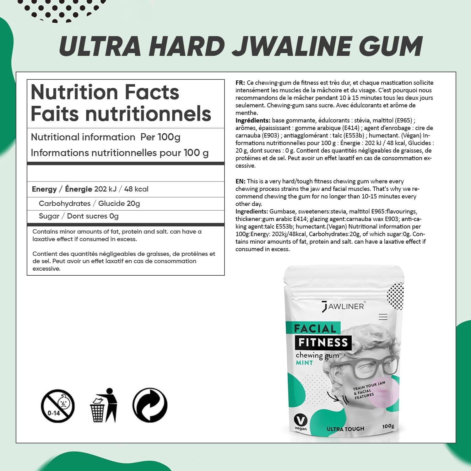 Chicle de Menta Sin Azúcar Jawliner - Entrenador de Mandíbula 6 Meses