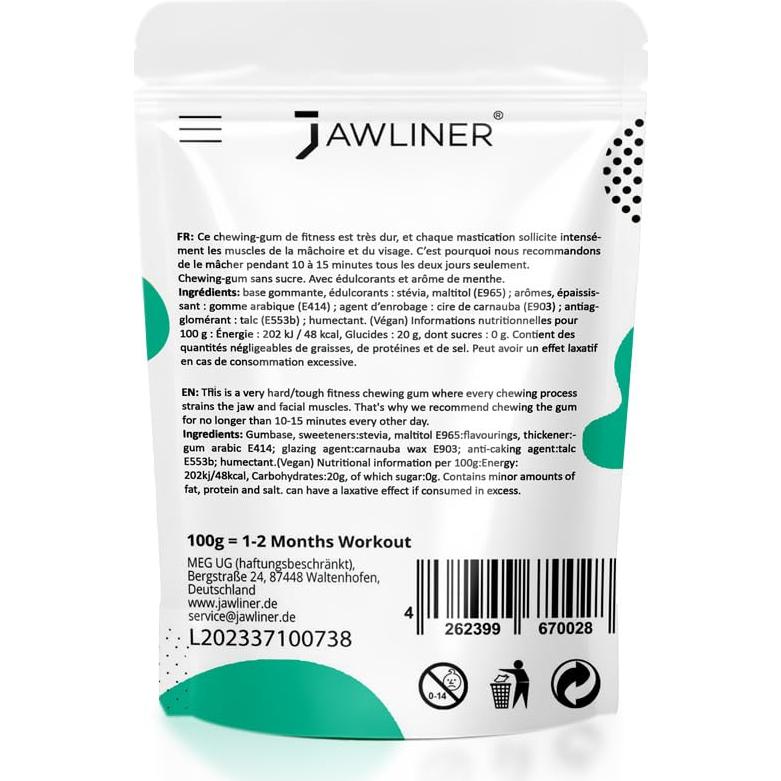 Chicle de Menta Sin Azúcar Jawliner - Entrenador de Mandíbula 6 Meses