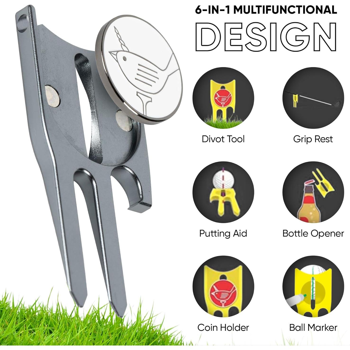Herramienta 6-en-1 de Golf Birdicorn - Reparador de Divots y Marcador