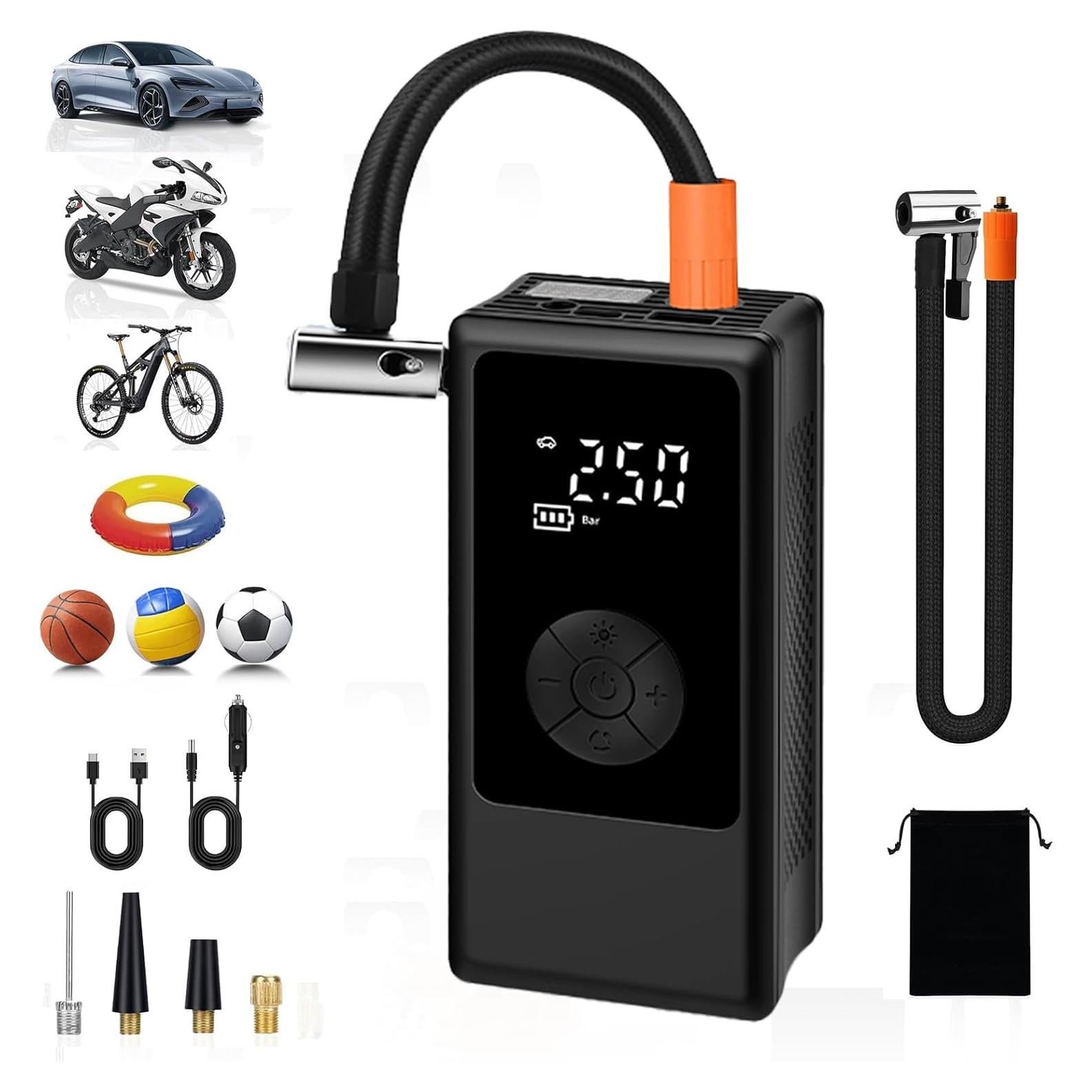 Tire Inflator Portable Air Compressor for Car Ball and Basketball for Sports Balls, Auto Air Pump for Car Tires Bicycle w Gauge Values Display, 150PSI Power Battery Bike Pump Cordless