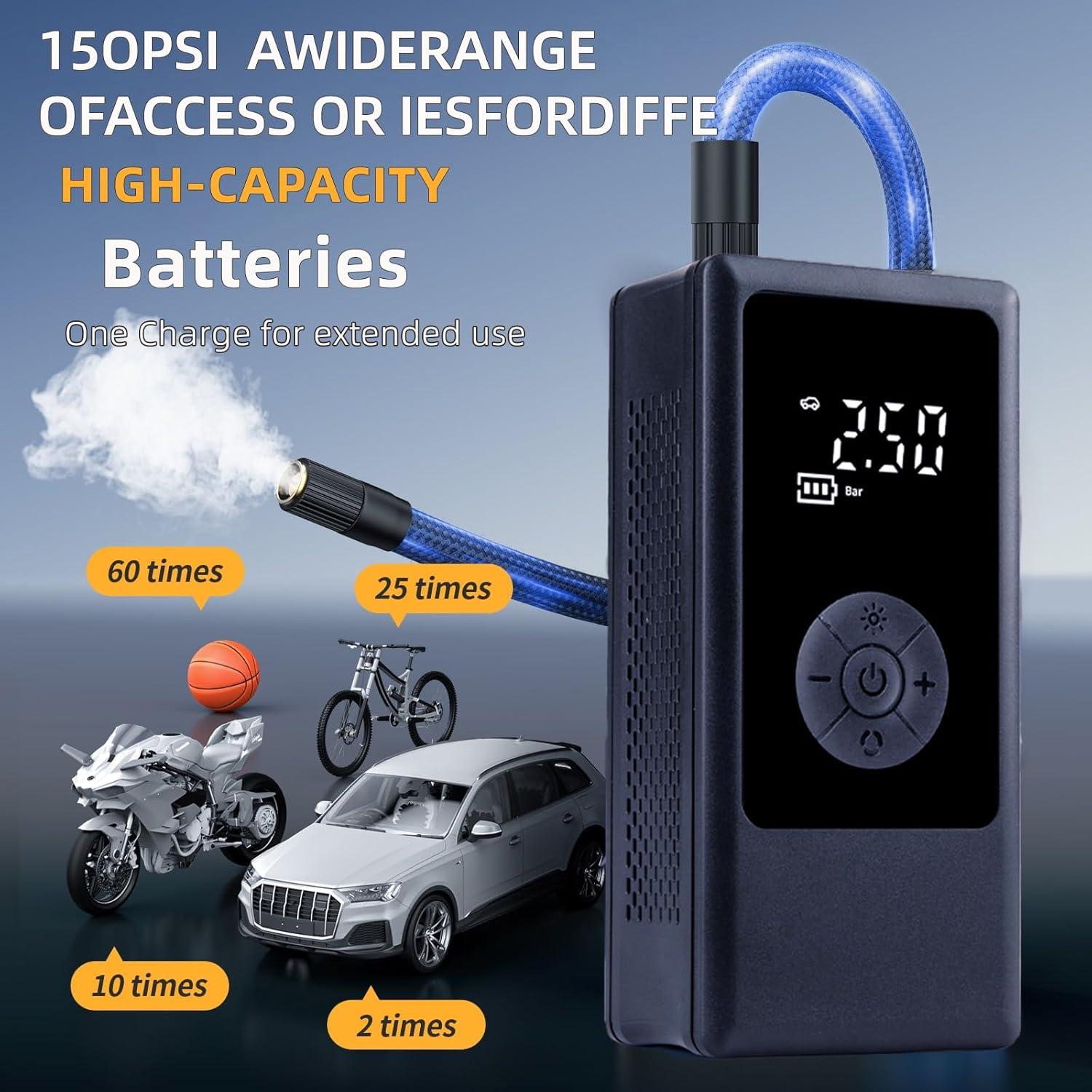 Tire Inflator Portable Air Compressor for Car Ball and Basketball for Sports Balls, Auto Air Pump for Car Tires Bicycle w Gauge Values Display, 150PSI Power Battery Bike Pump Cordless