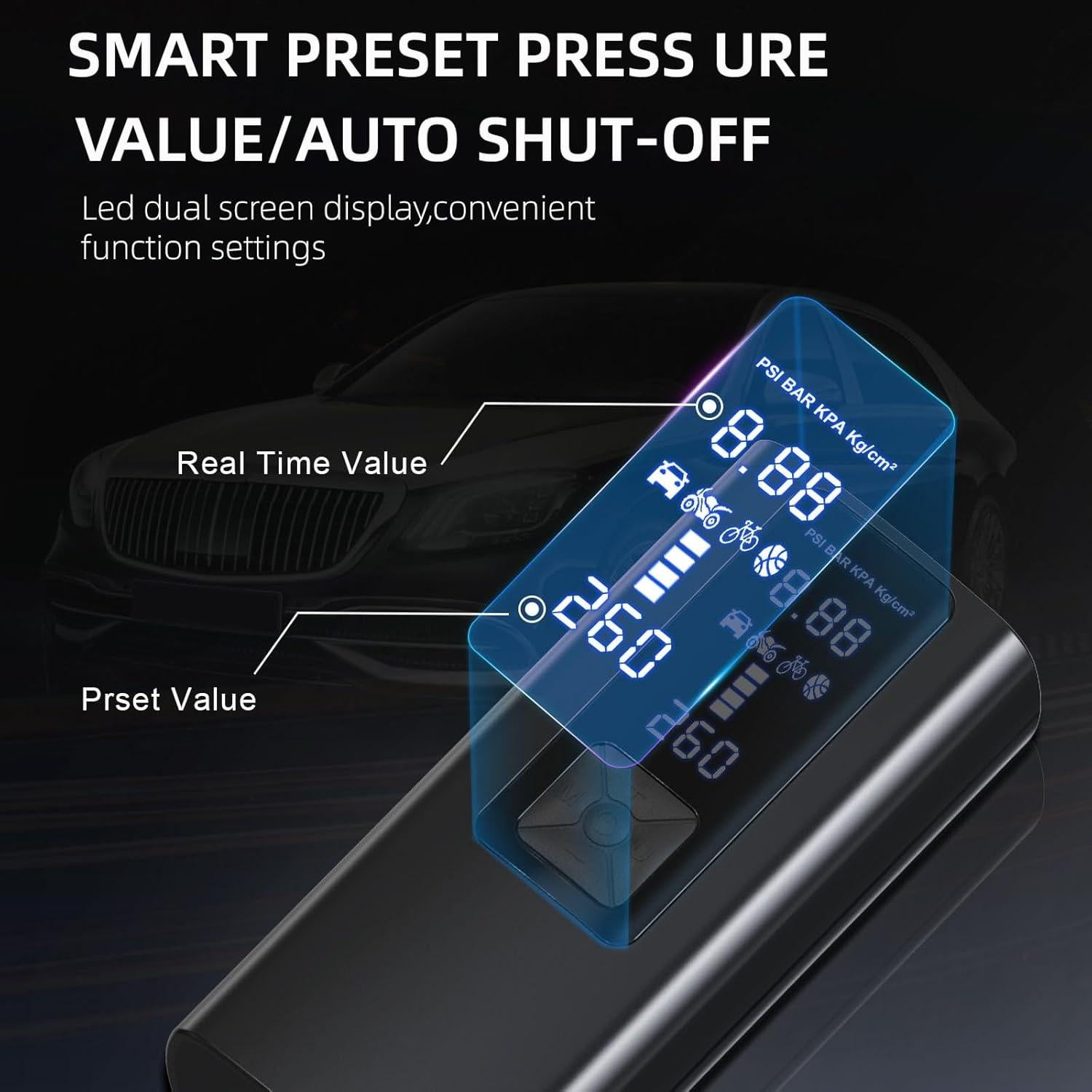 Tire Inflator Portable Air Compressor for Car Ball and Basketball for Sports Balls, Auto Air Pump for Car Tires Bicycle w Gauge Values Display, 150PSI Power Battery Bike Pump Cordless