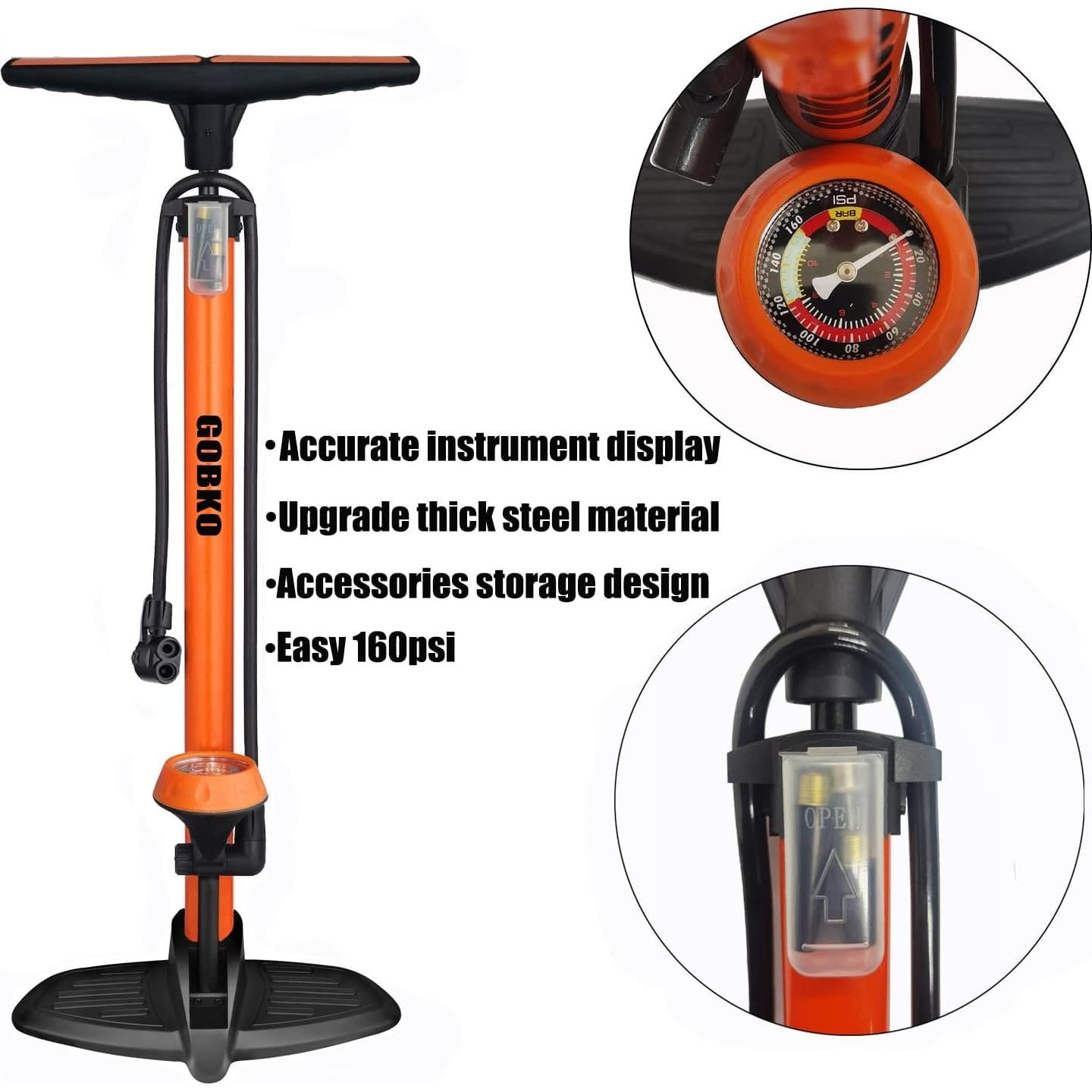 Bomba de Bicicleta GOBKO D2 con Manómetro 160 PSI Naranja