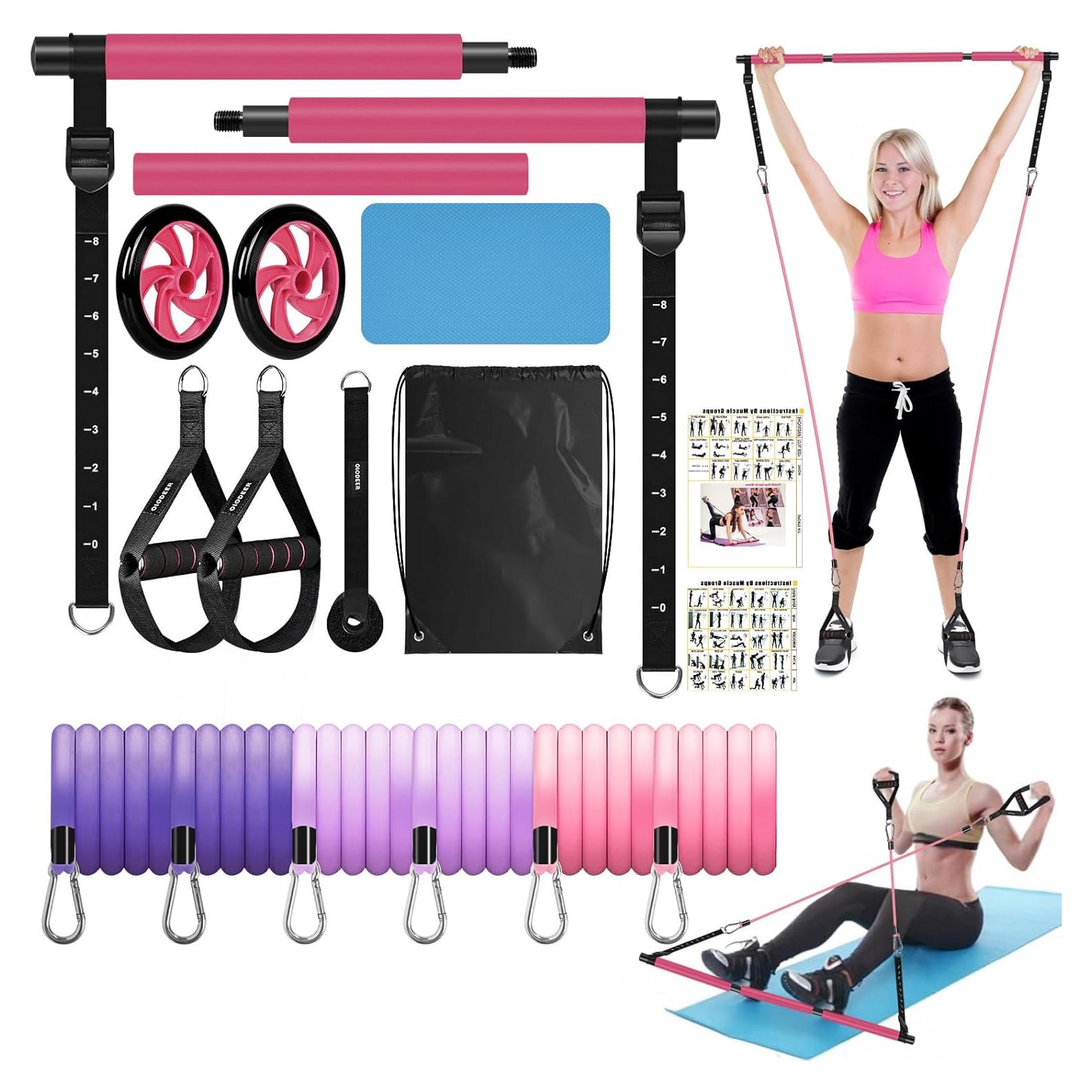 Kit de Barra de Pilates OLODEER con Bandas de Resistencia Rosa