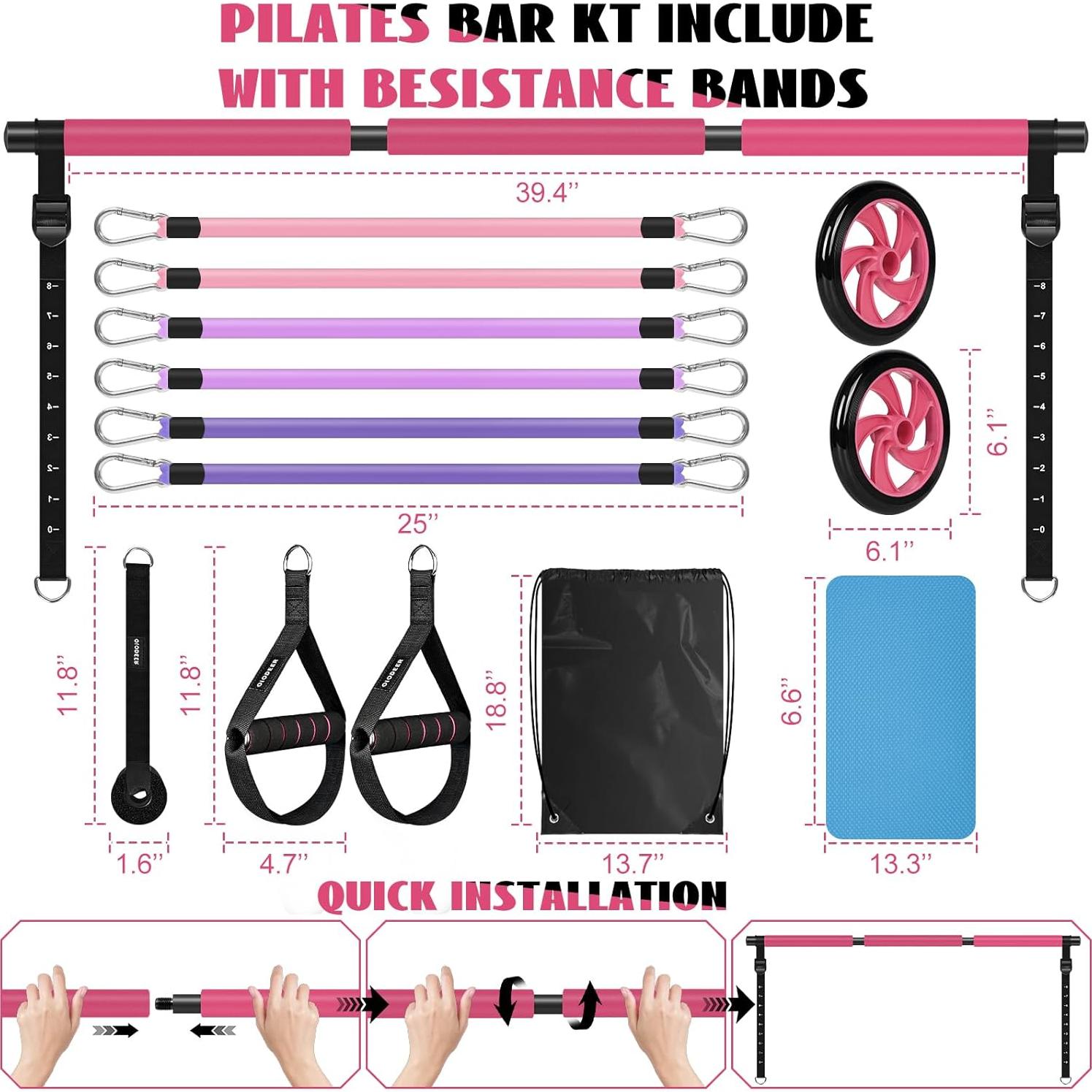 Kit de Barra de Pilates OLODEER con Bandas de Resistencia Rosa