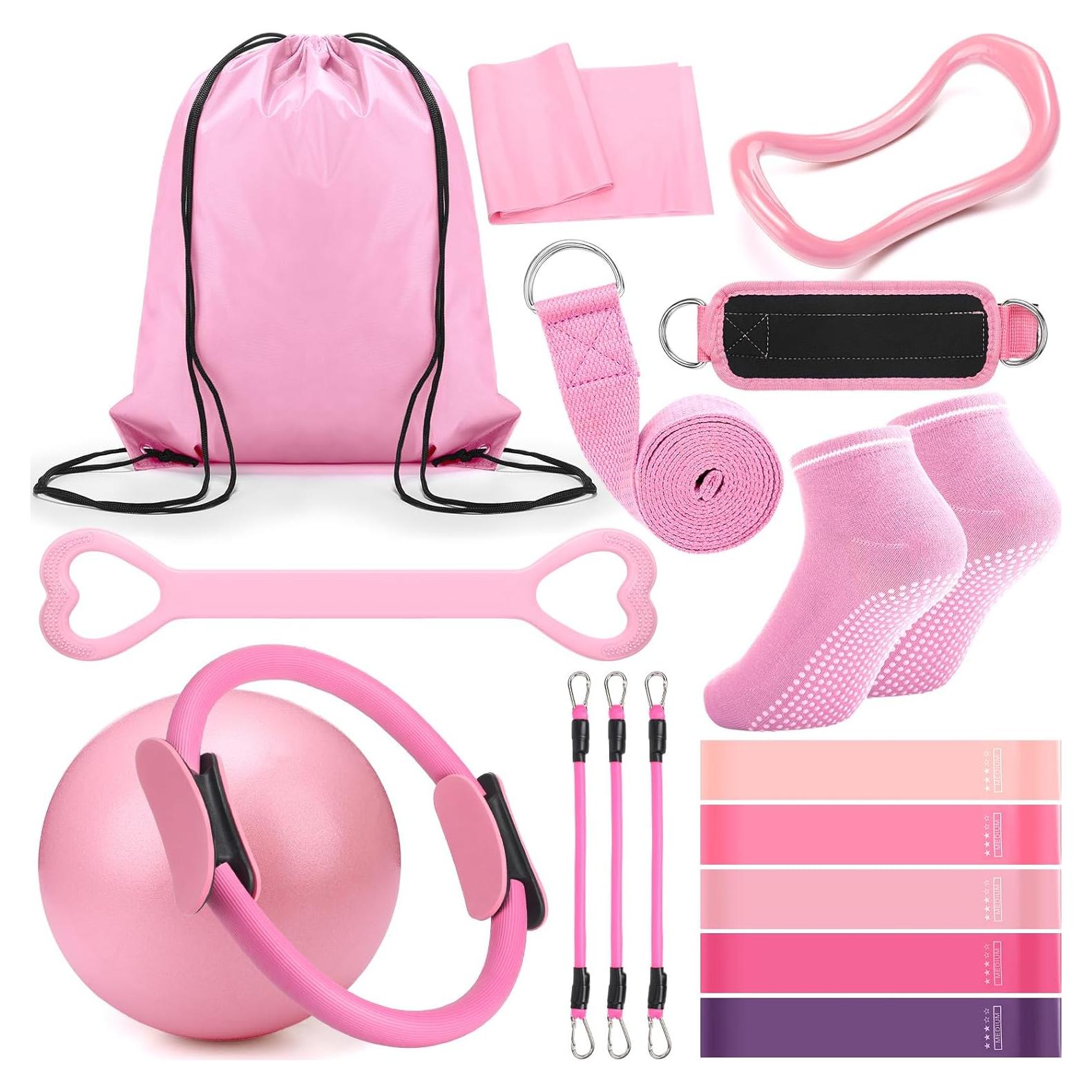 Conjunto de Pilates RoundFunny 18 Piezas Accesorios Rosa