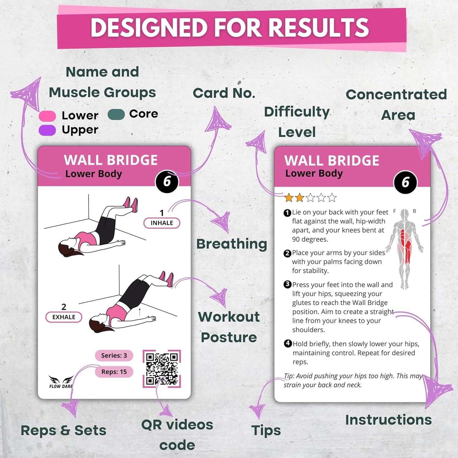 Tarjetas de Ejercicio de Pilates en la Pared Flow Dare - 66 Tarjetas con Videos y Plan de Entrenamiento