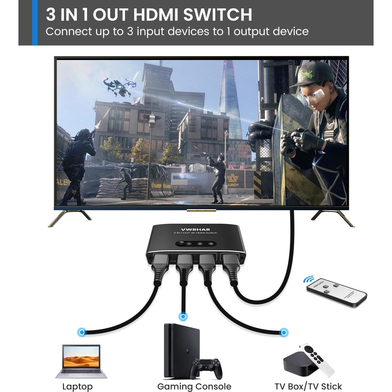 Conmutador HDMI 3 en 1 VWRHar 4K UHD con Control Remoto