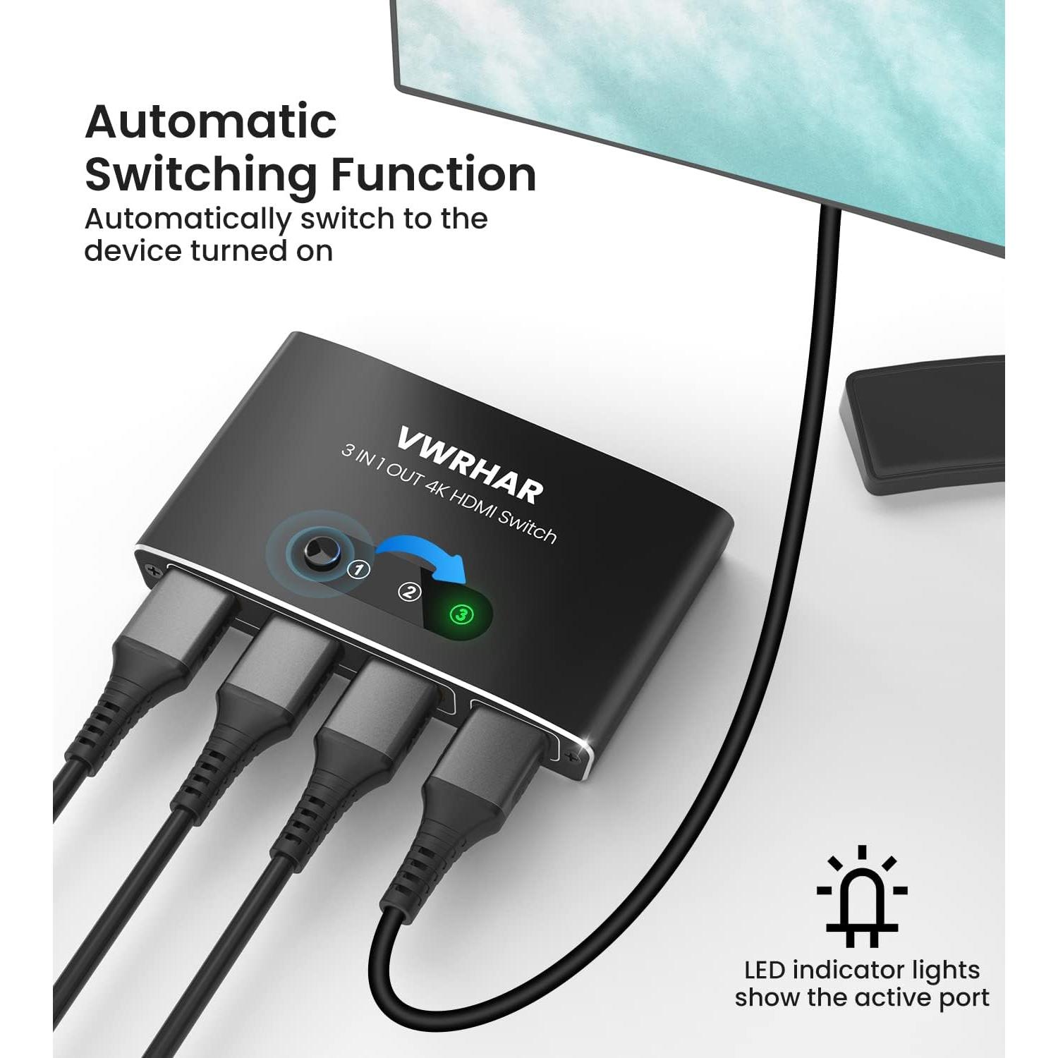 Conmutador HDMI 3 en 1 VWRHar 4K UHD con Control Remoto