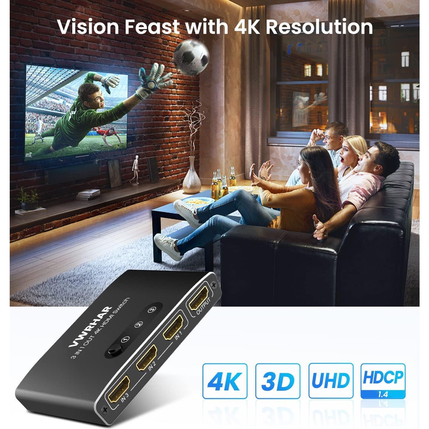 Conmutador HDMI 3 en 1 VWRHar 4K UHD con Control Remoto
