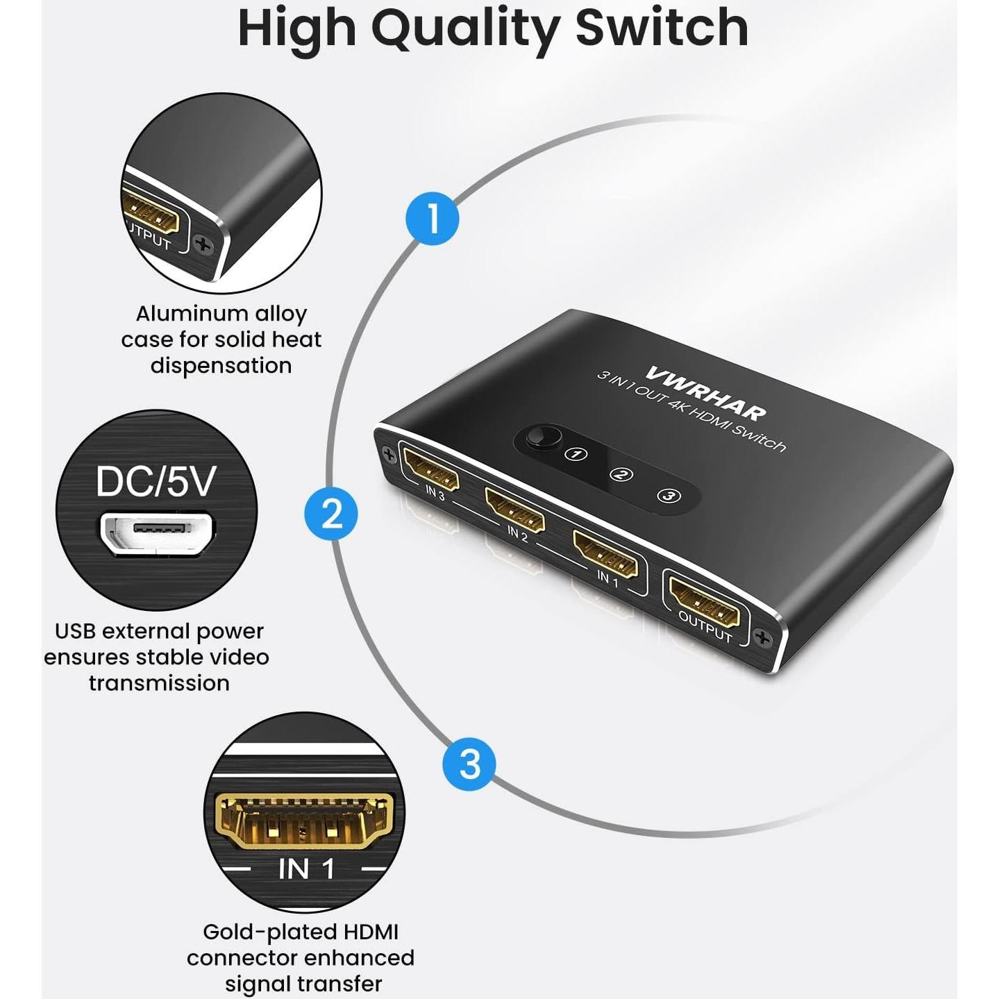 Conmutador HDMI 3 en 1 VWRHar 4K UHD con Control Remoto
