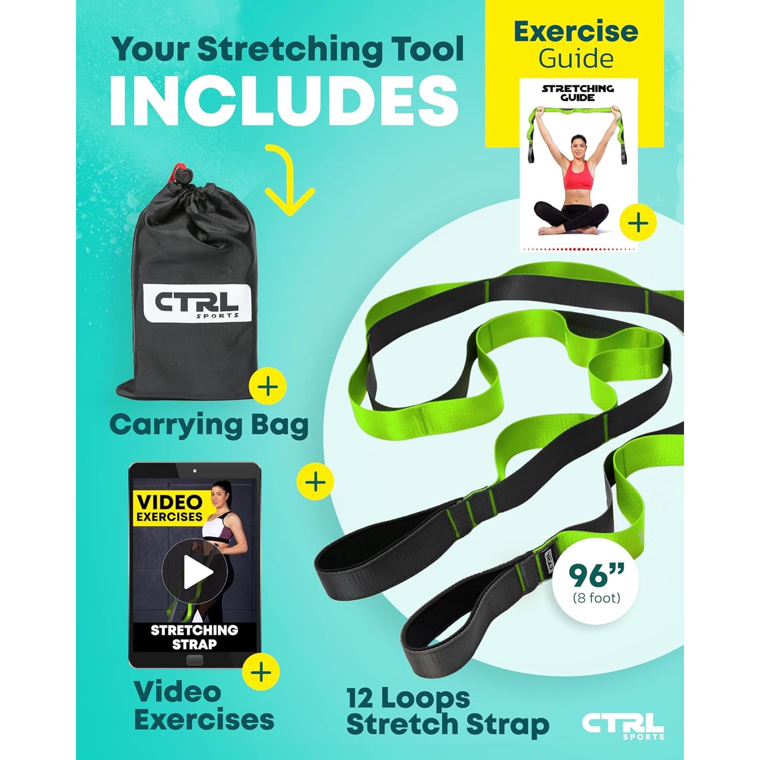 Correa de Estiramiento CTRL Sports 12 Asas Nylon Verde Amarillo