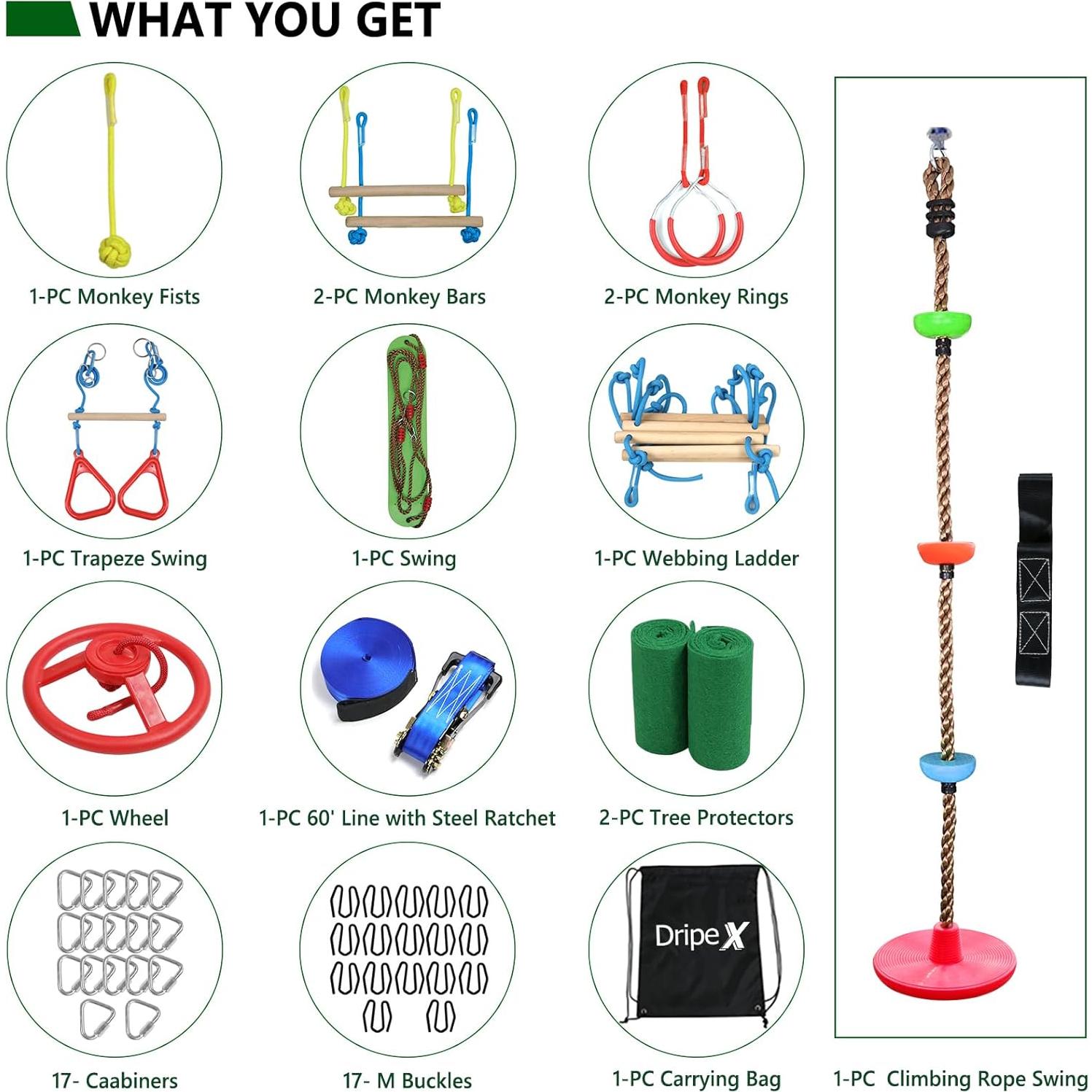 Curso de Obstáculos Ninja Dripex 18.29m con 10 Accesorios