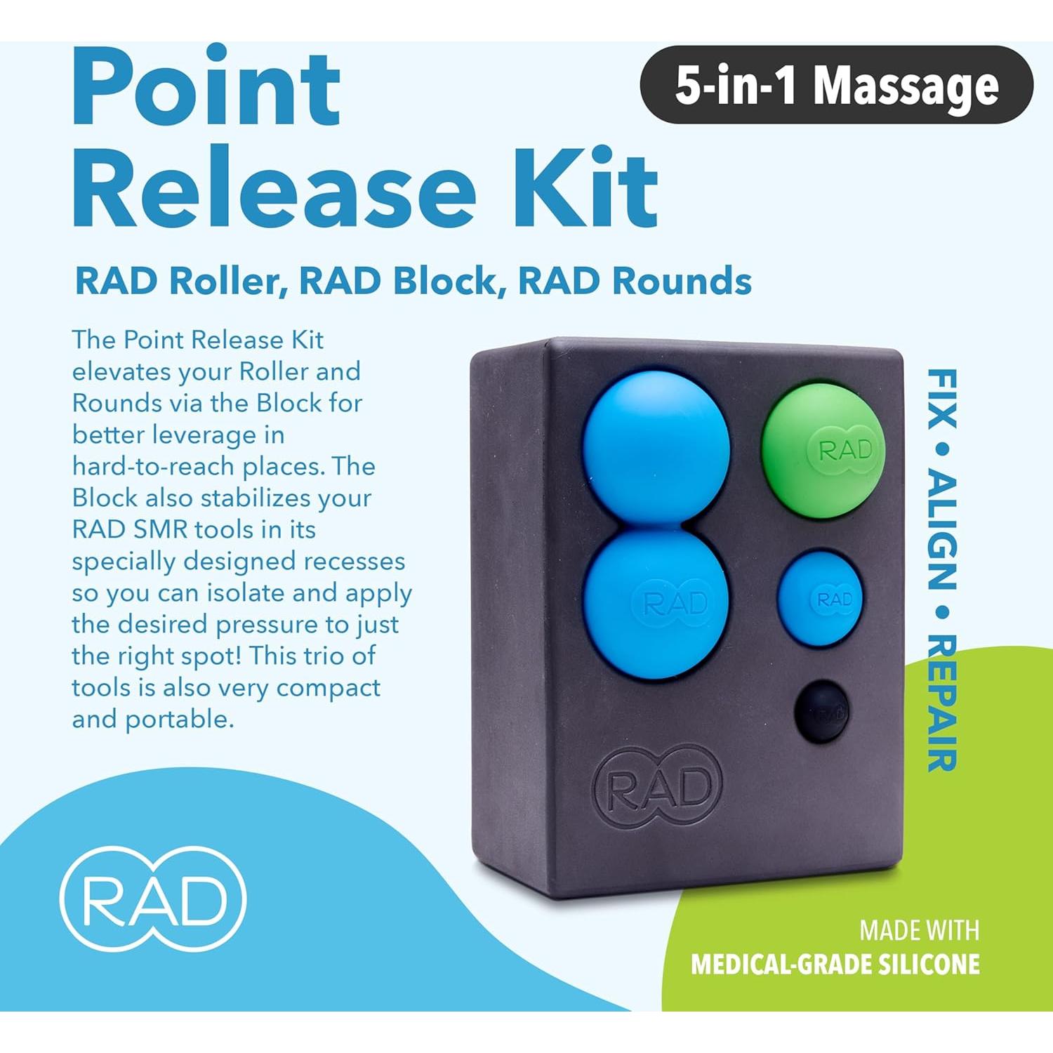 Kit de Masaje RAD 5 en 1 - Rodillo, Pelotas y Bloque
