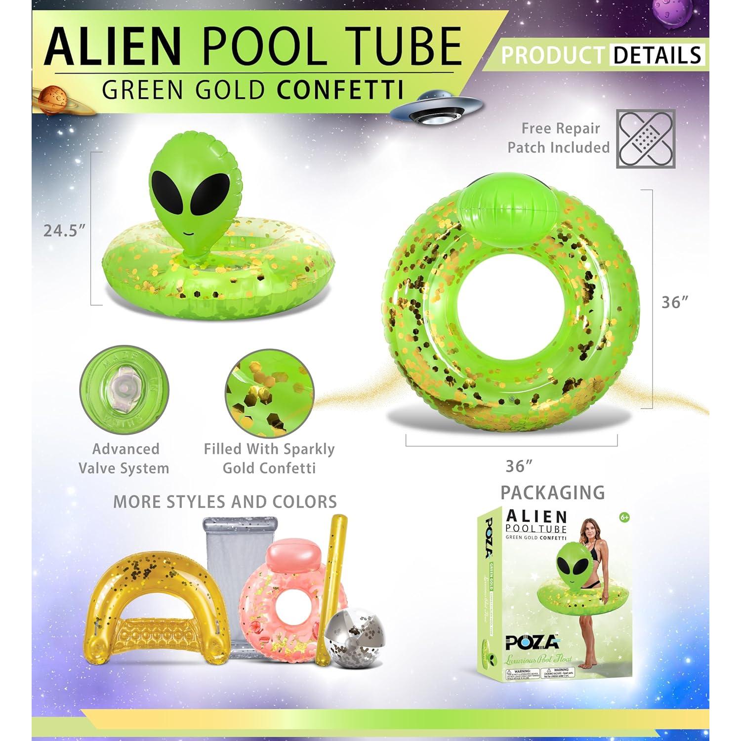 Flotador Inflable Alien POZA 91 cm Verde Dorado con Confeti