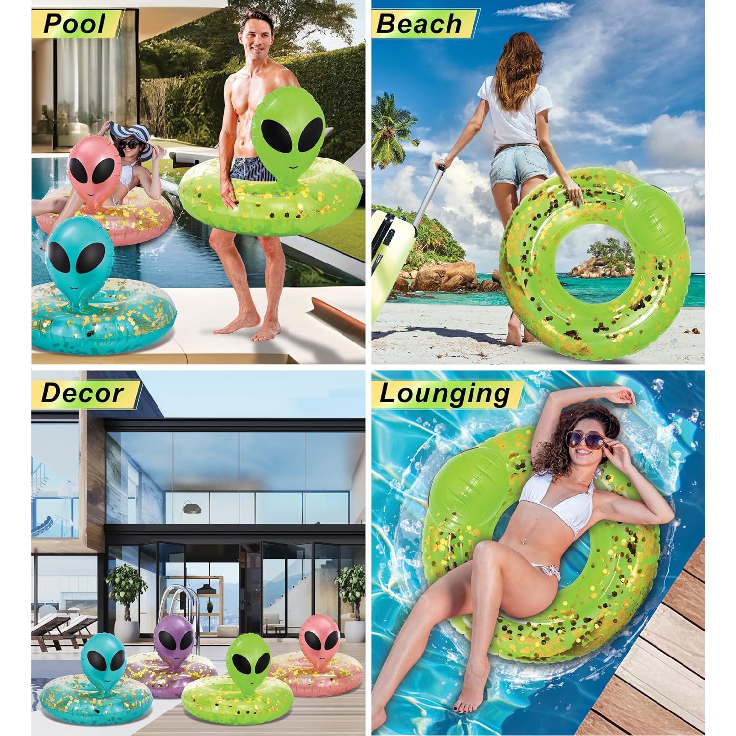 Flotador Inflable Alien POZA 91 cm Verde Dorado con Confeti