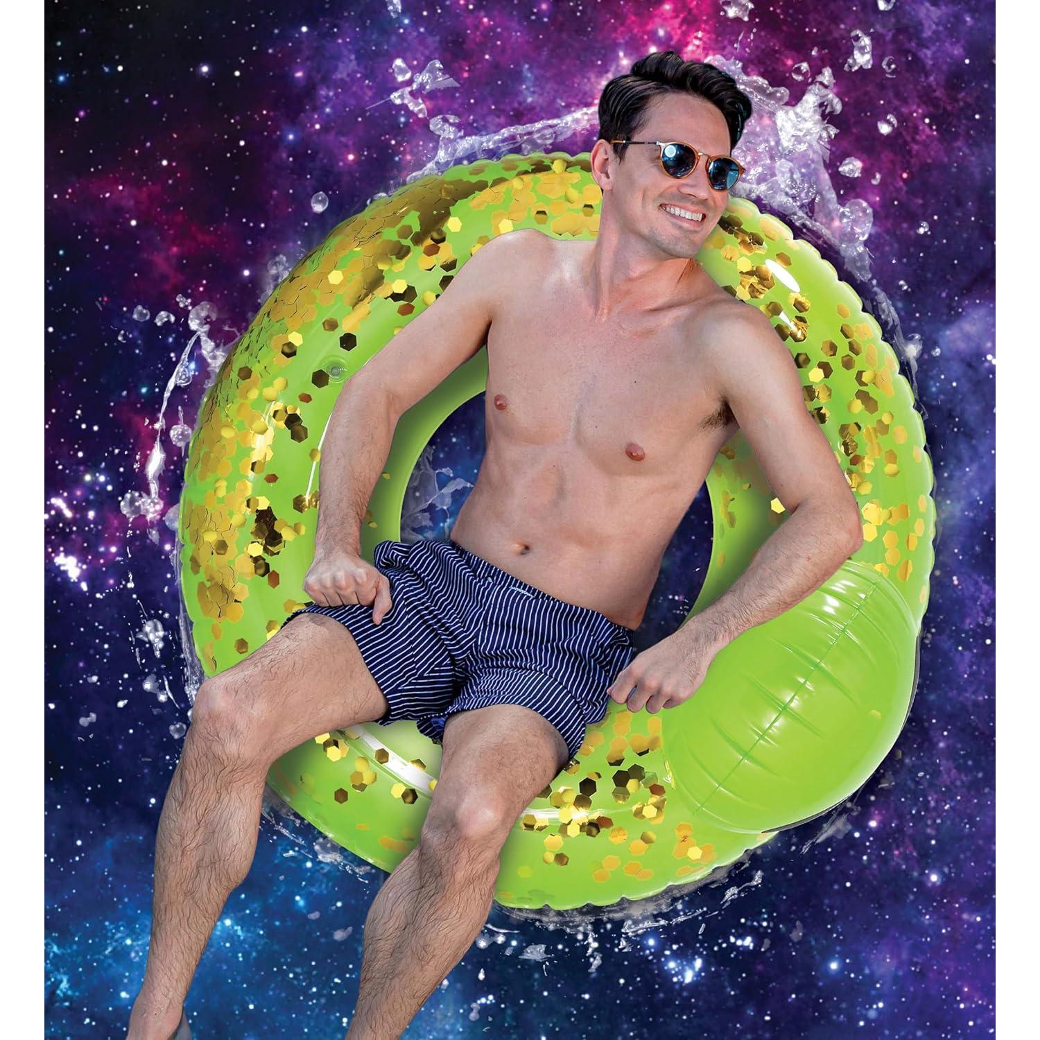 Flotador Inflable Alien POZA 91 cm Verde Dorado con Confeti