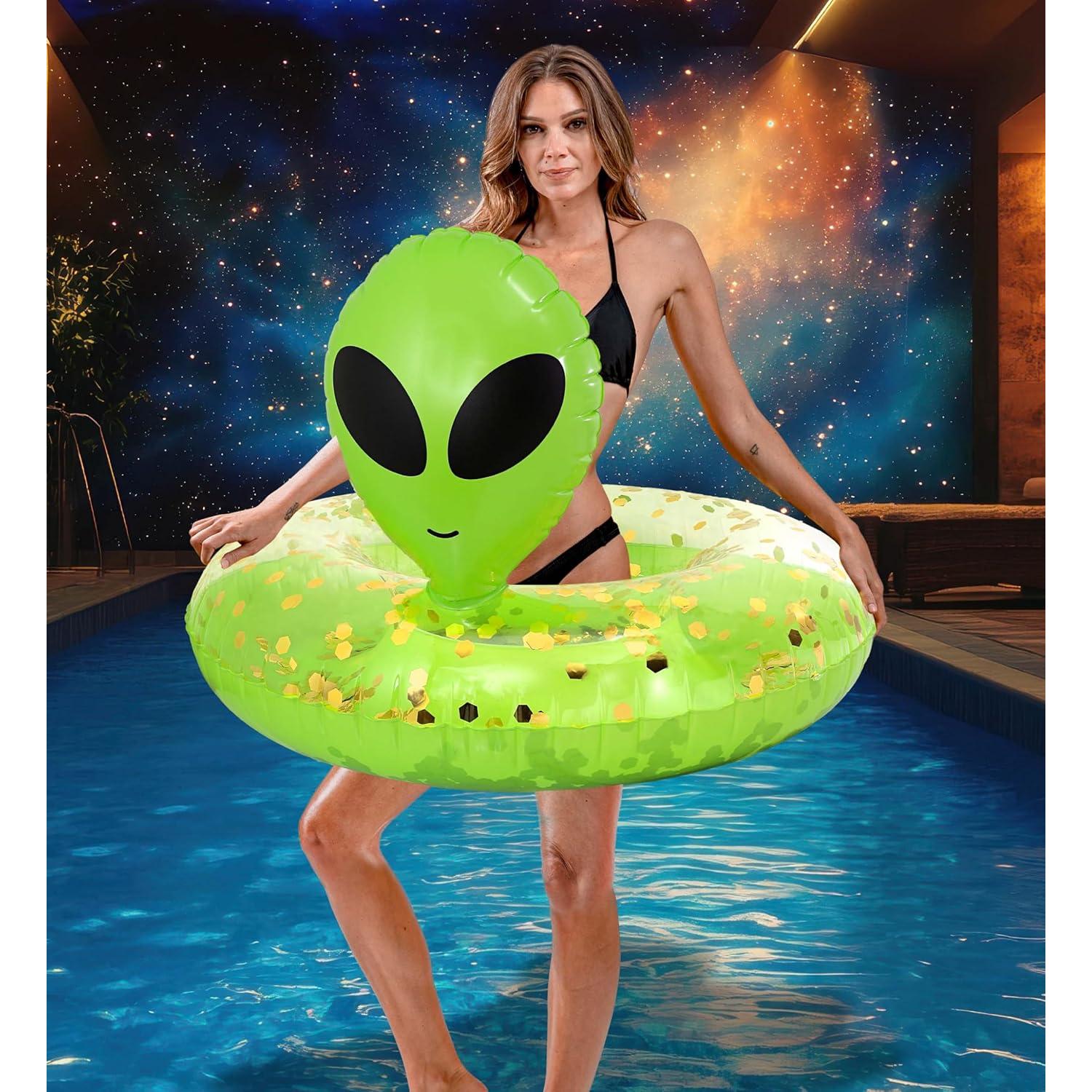 Flotador Inflable Alien POZA 91 cm Verde Dorado con Confeti