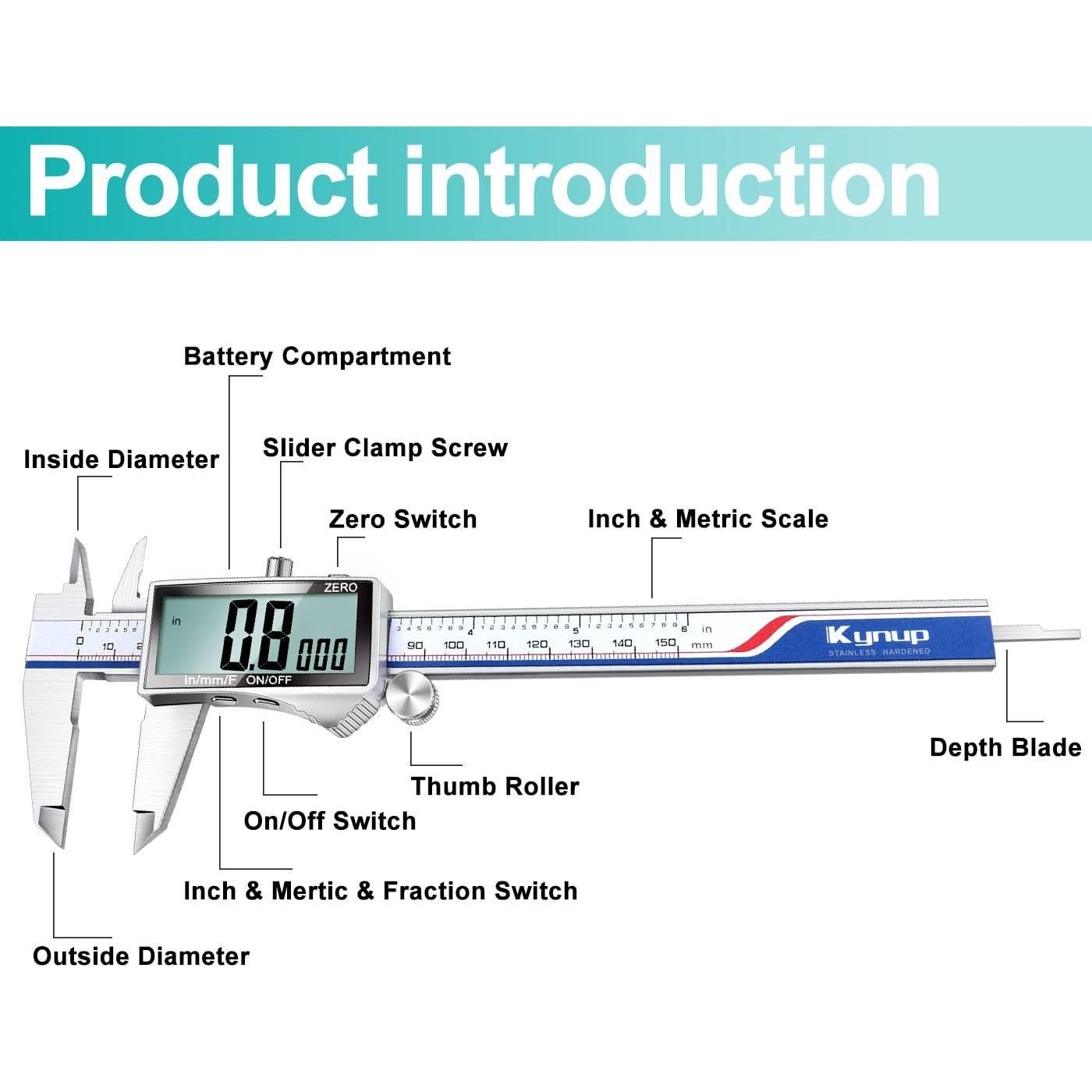 Calibrador Digital Kynup 150mm, Acero Inoxidable, Pantalla LCD