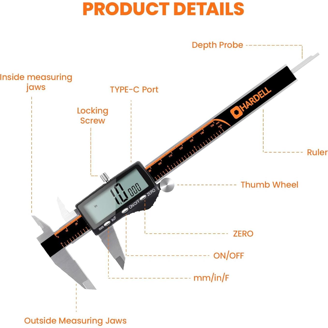Calibre Digital Recargable HARDELL 15.24 cm con Pantalla LCD