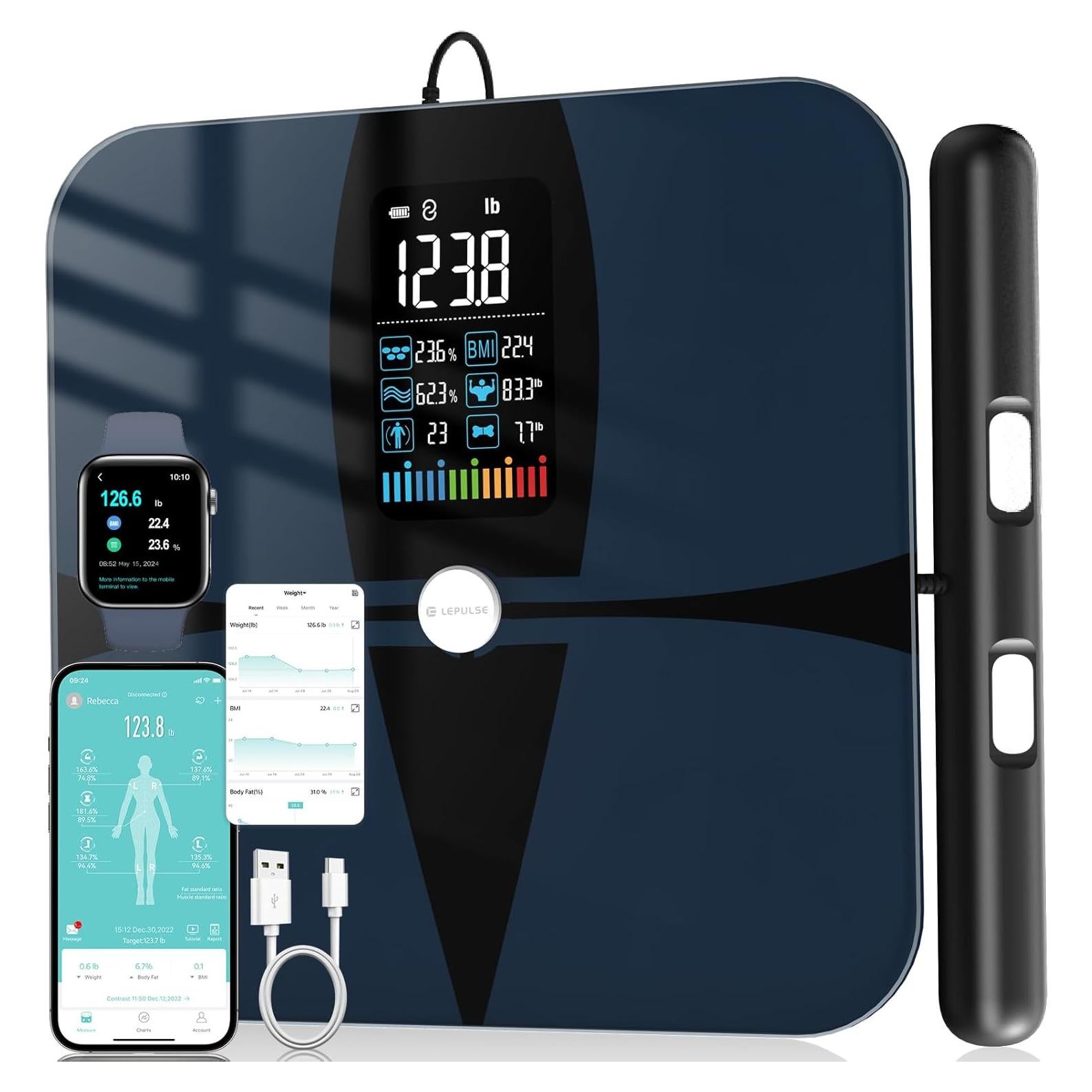 Escala de Composición Corporal Lepulse P1 Negra - 8 Electrodos, IMC, Grasa y Masa Muscular