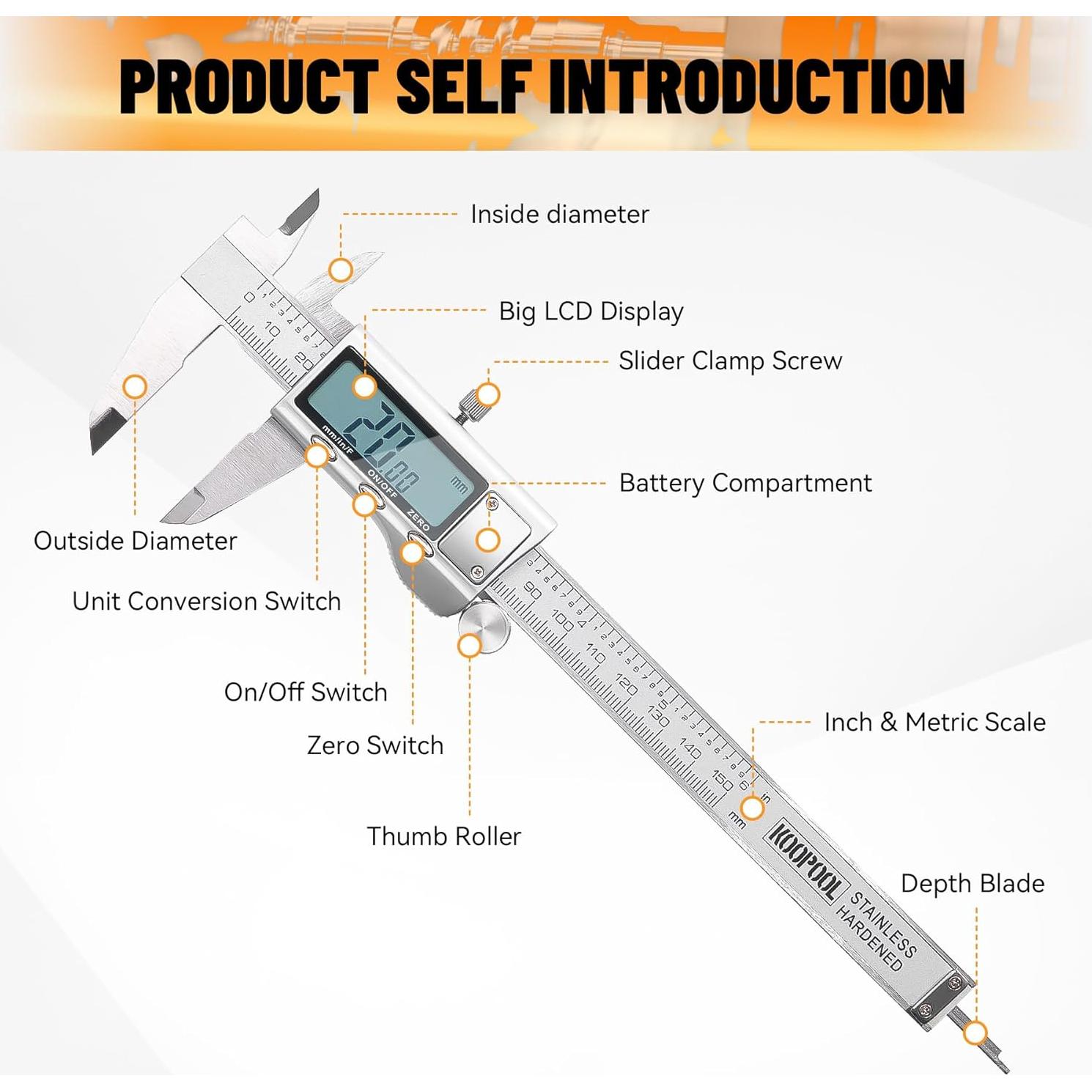 Calibrador Digital KOOPOOL 150mm con Pantalla LCD y Acero Inoxidable
