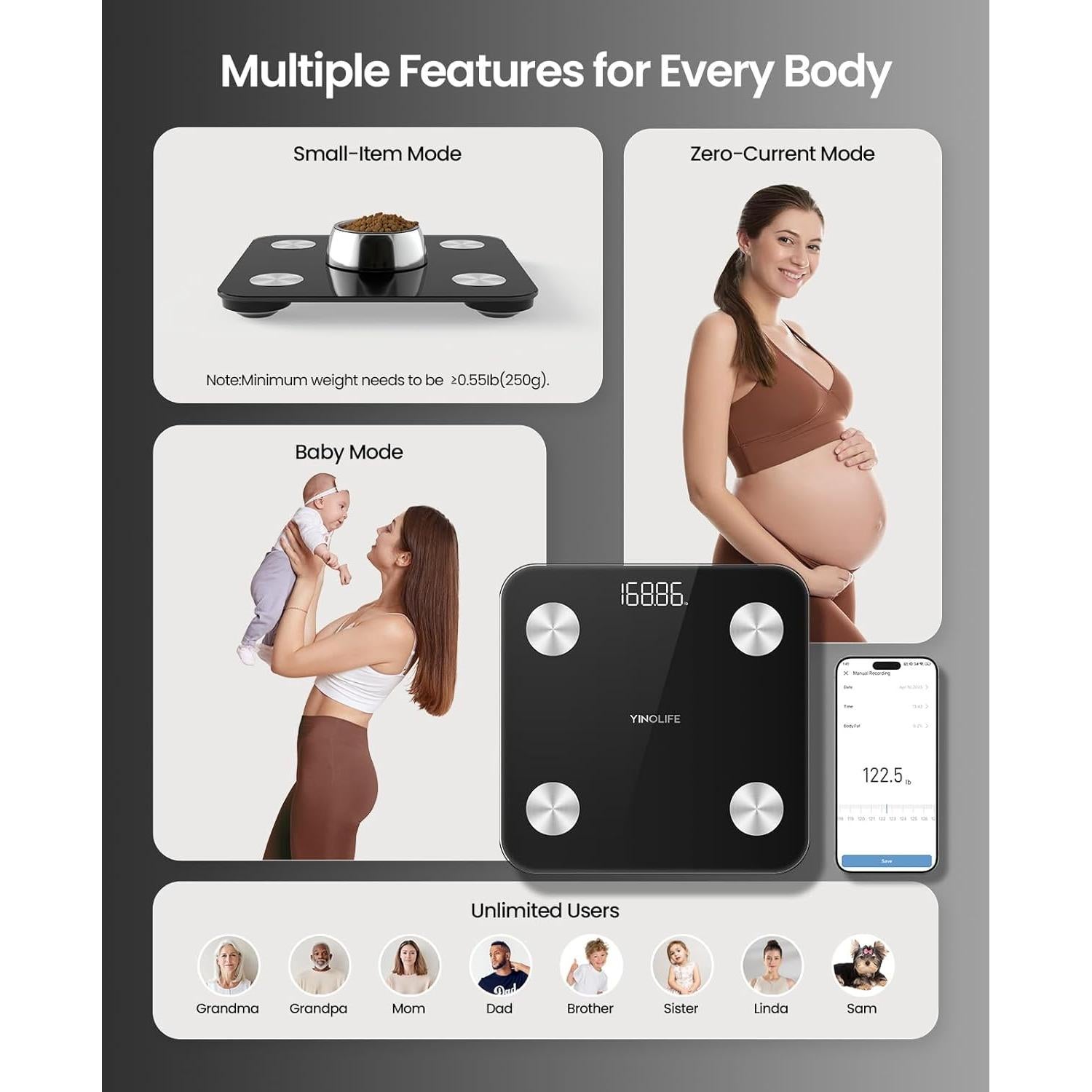 Báscula Digital Inteligente YINOLIFE 181.4kg IMC Grasa Muscular