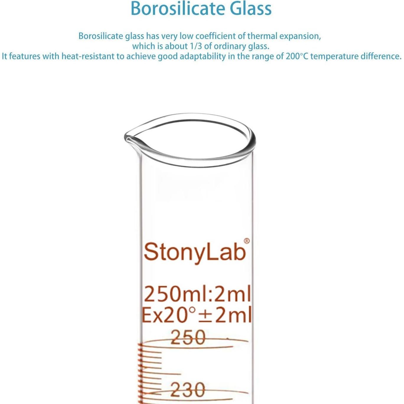 Cilindro Graduado StonyLab 250 ml Vidrio Borosilicato Pared Gruesa