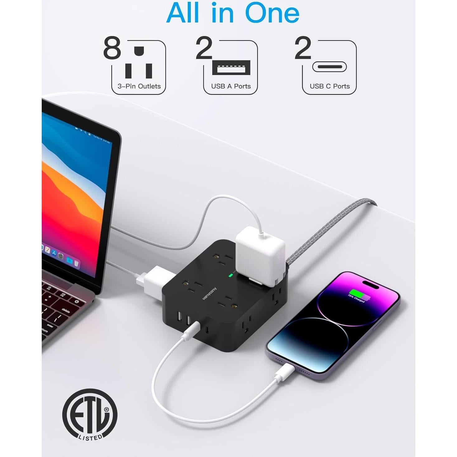 Regleta de Sobretensión HANYCONY 8 Salidas 4 USB 5 Pies