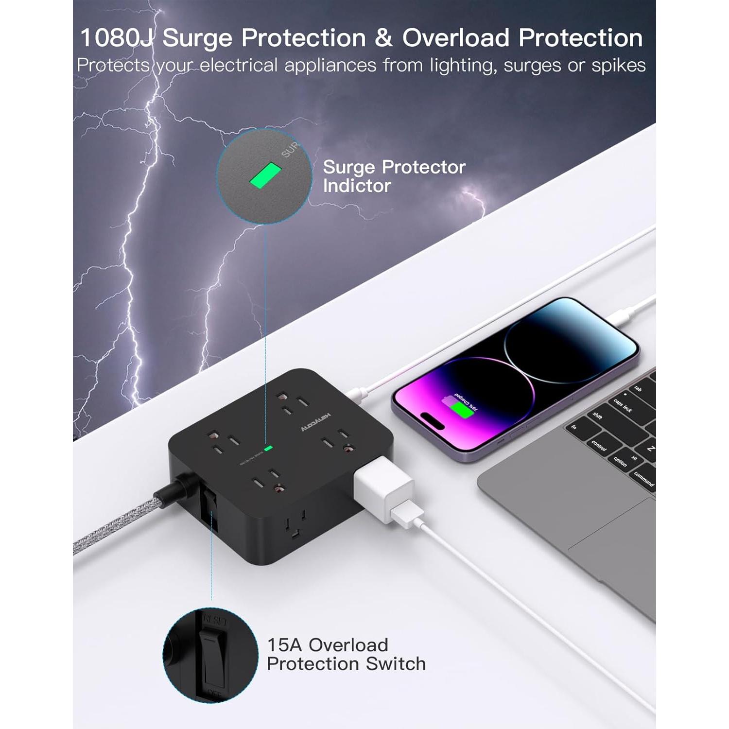 Regleta de Sobretensión HANYCONY 8 Salidas 4 USB 5 Pies