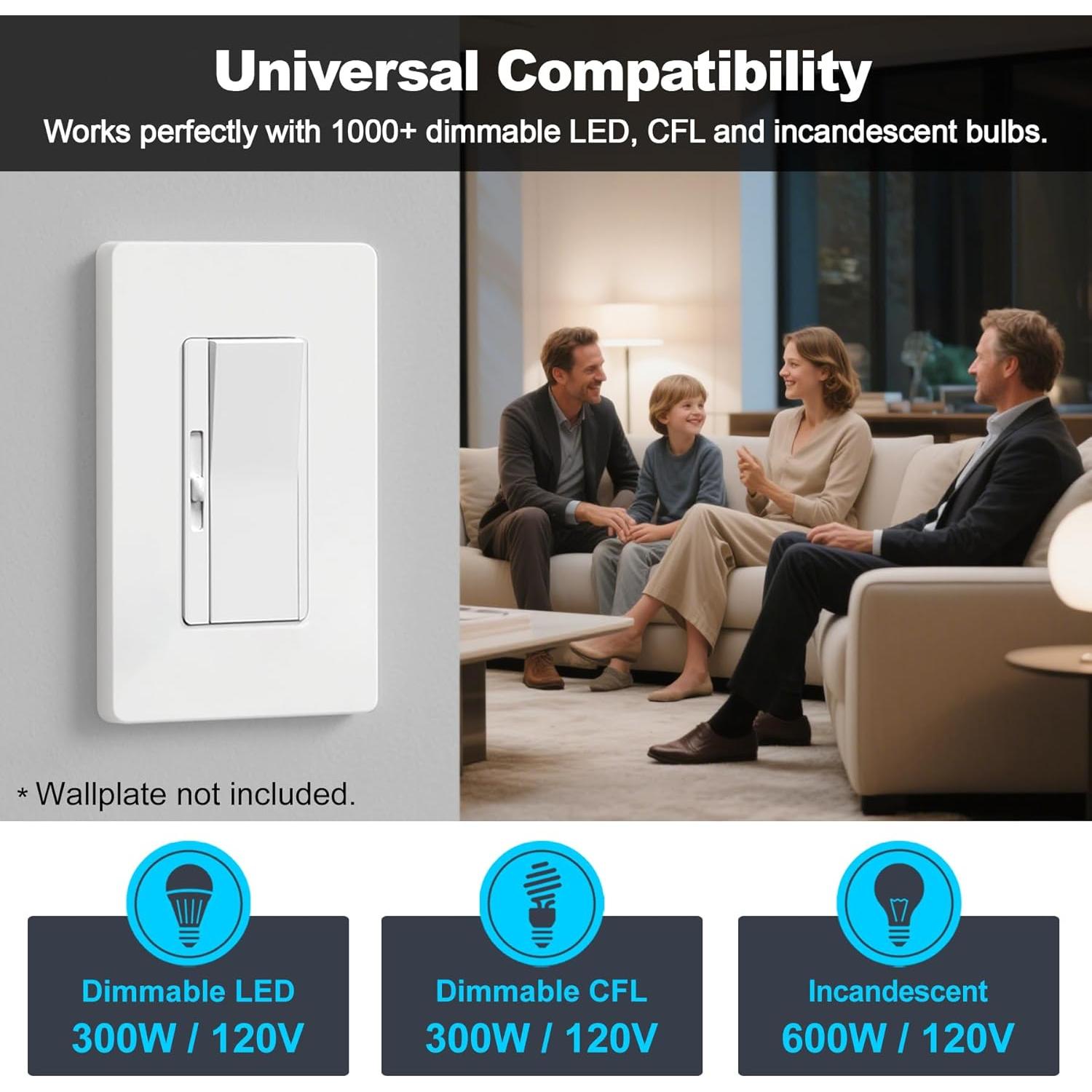 Interruptor Regulador BESTTEN 3 Paquetes 300W LED CFL Blanco