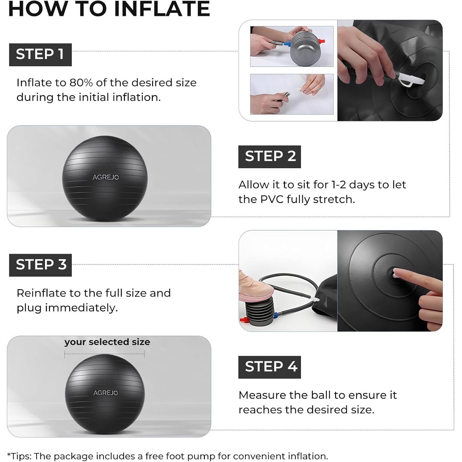 Bola de Yoga Inflable AGREJO 65cm Antideslizante PVC Negro