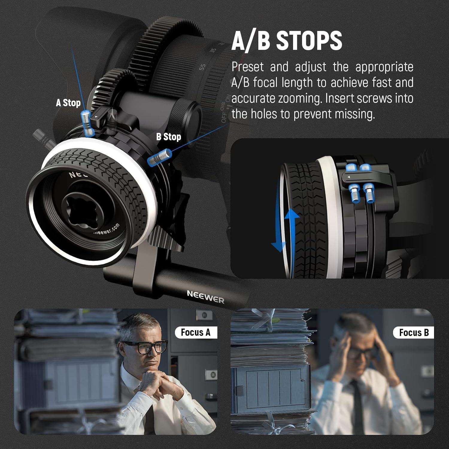 NEEWER Mini Follow Focus PG003 con paradas A/B y soporte 15mm