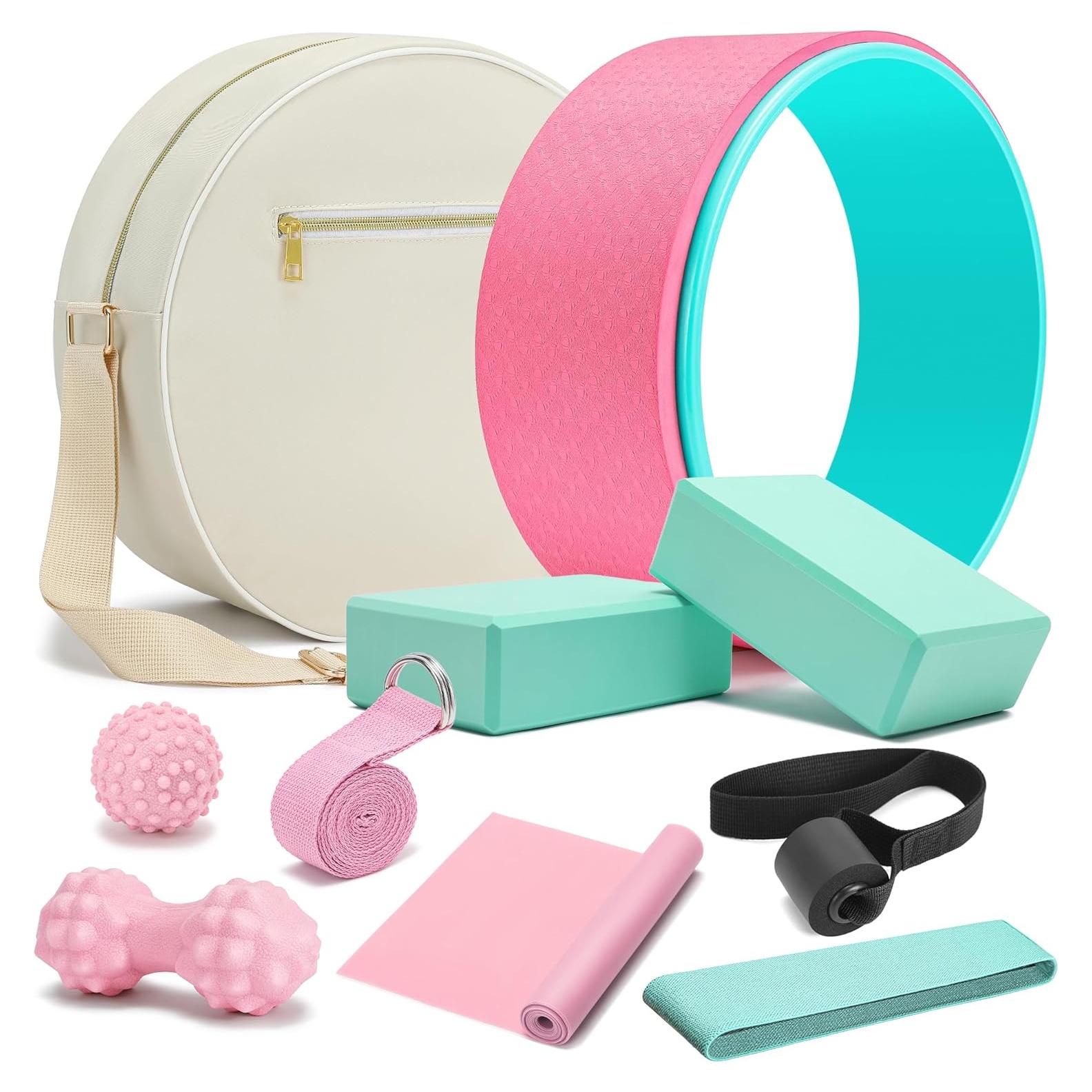 Juego de Rueda de Yoga HNCTINNO con Bloques y Correa Rosa