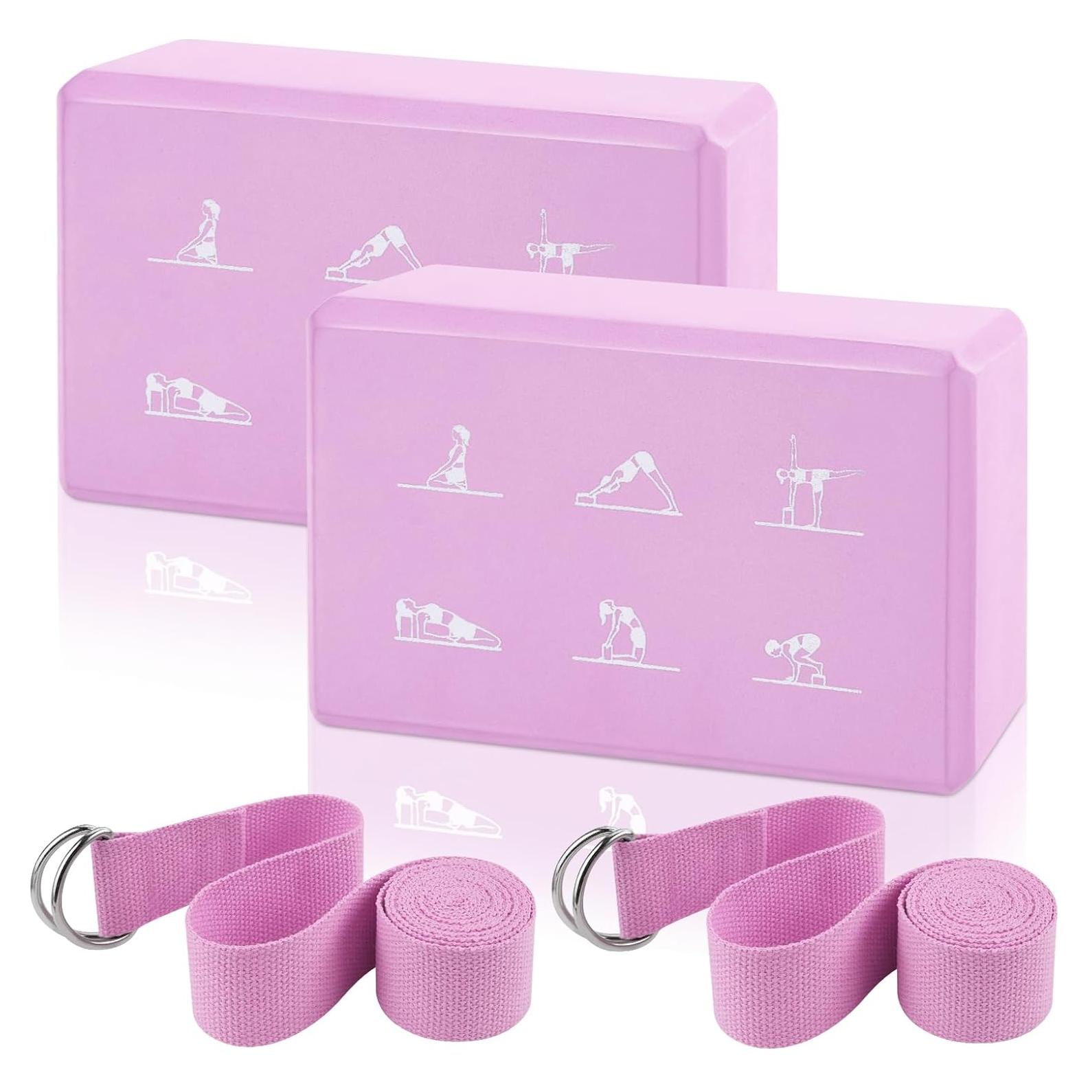 Juego de 2 Bloques de Yoga y Correa FHDUSRYO Rosa EVA 23x15x7.6cm