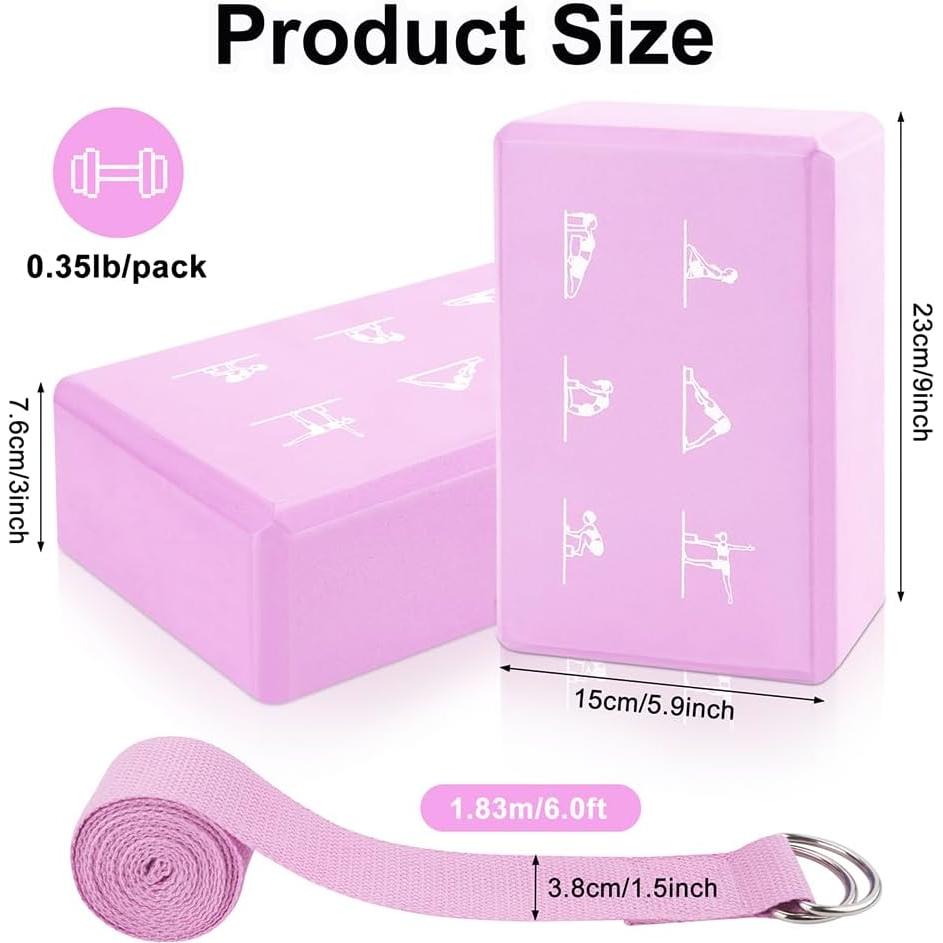 Juego de 2 Bloques de Yoga y Correa FHDUSRYO Rosa EVA 23x15x7.6cm