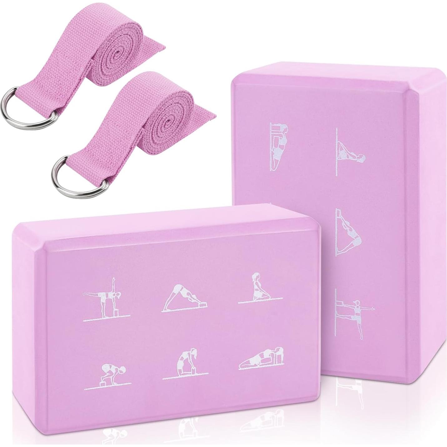 Juego de 2 Bloques de Yoga y Correa FHDUSRYO Rosa EVA 23x15x7.6cm