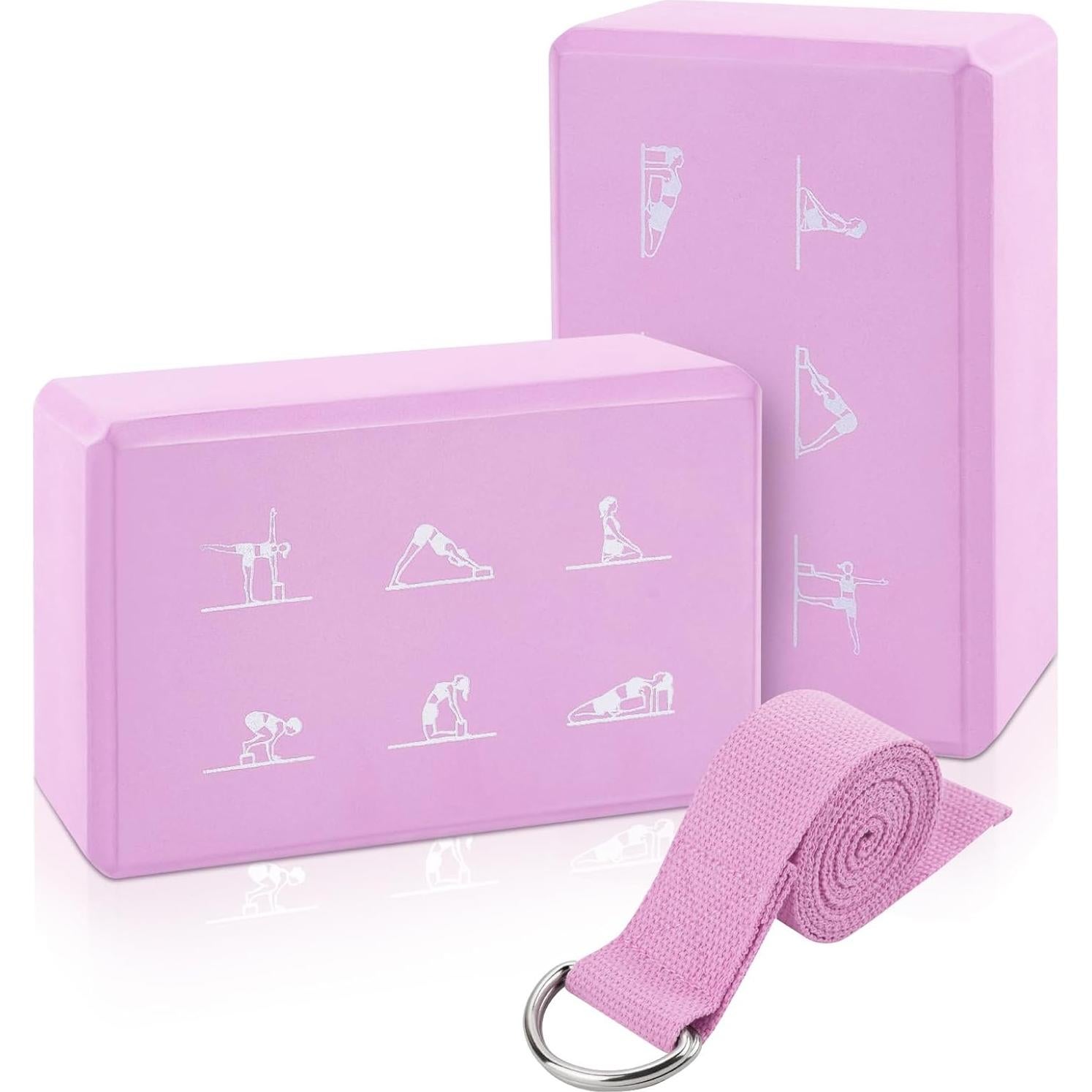 Juego de 2 Bloques de Yoga y Correa FHDUSRYO Rosa EVA 23x15x7.6cm