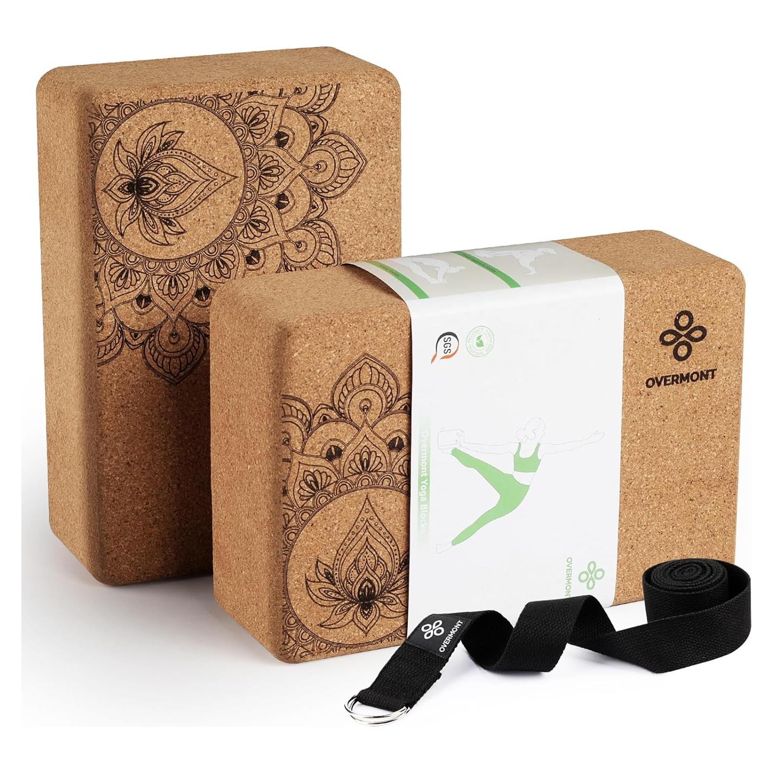 Bloques de Yoga de Corcho Overmont 2 Piezas con Correa 2.44m