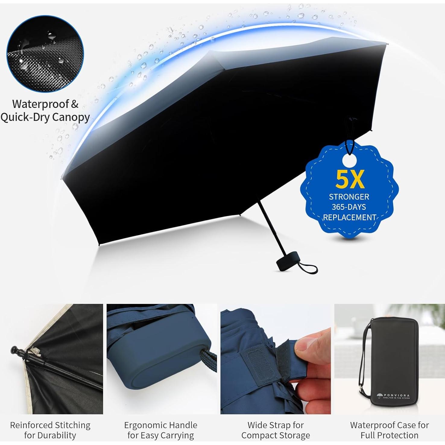 Paraguas Compacto Ponviora Azul Marino Plegable UPF 50+