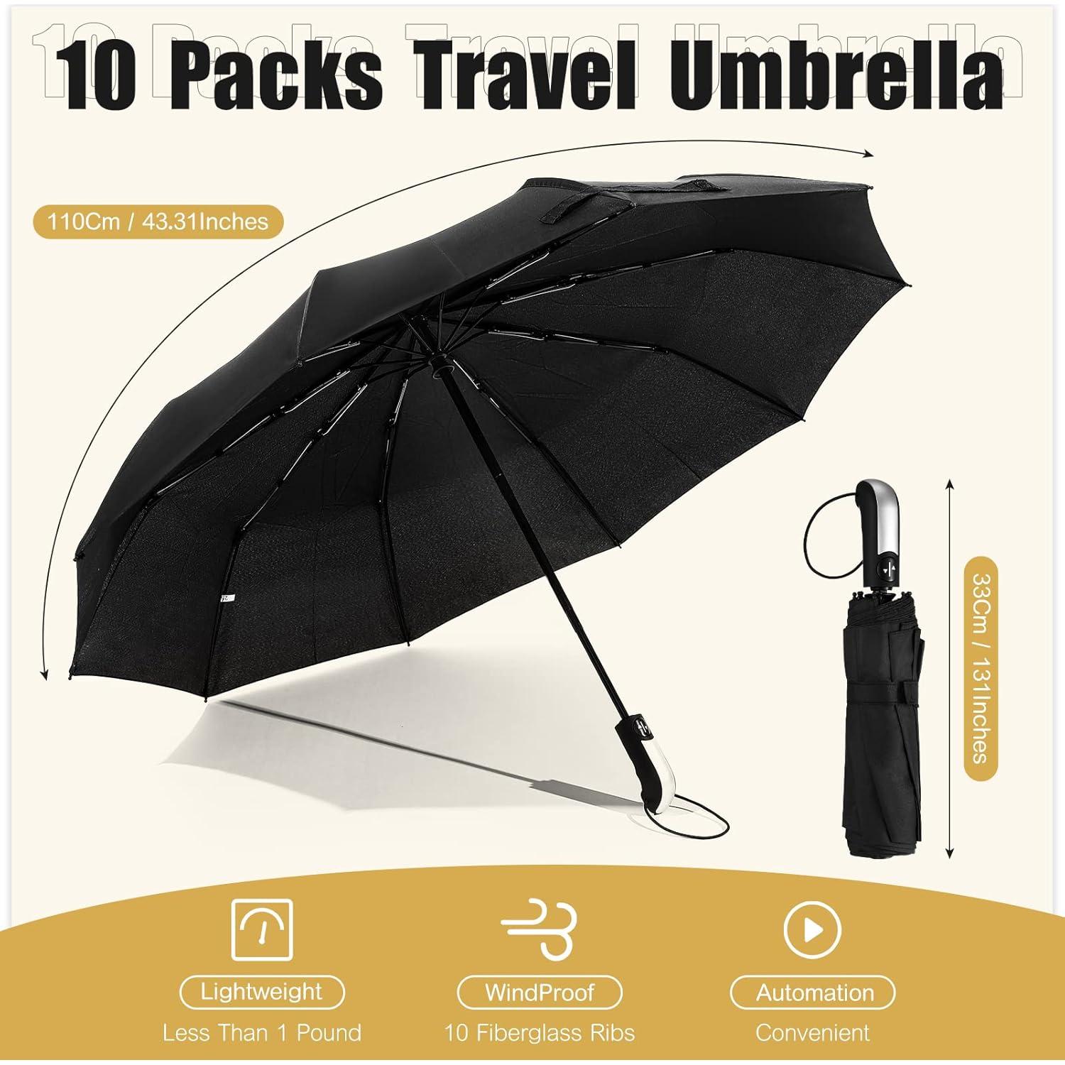 Paquete de 10 Paraguas Plegables LEIFIDE Automáticos Negros