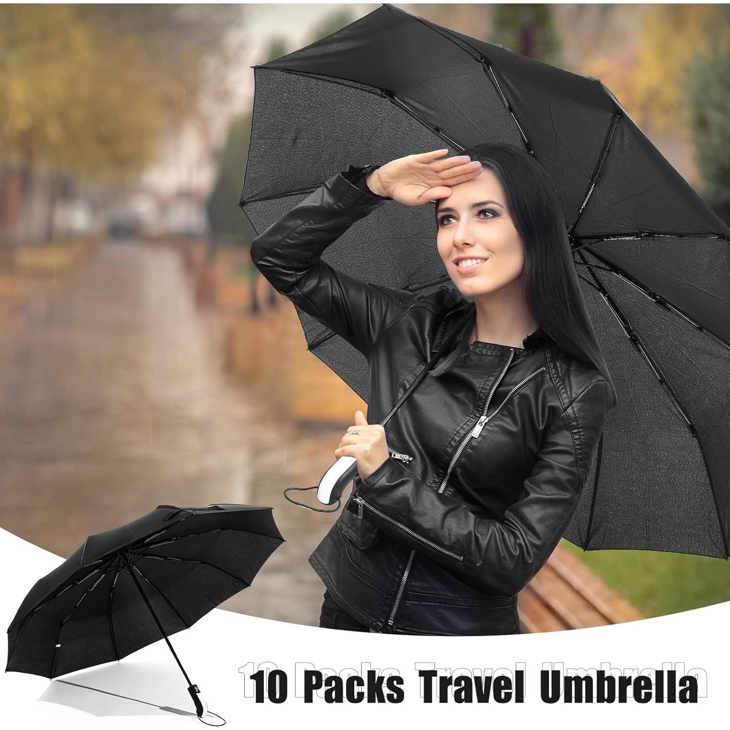 Paquete de 10 Paraguas Plegables LEIFIDE Automáticos Negros