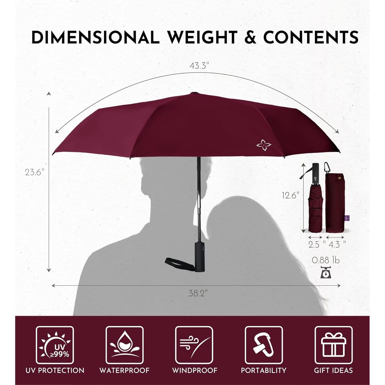 Paraguas UV Lila Burdeos - Plegable, Automático, UPF 50+