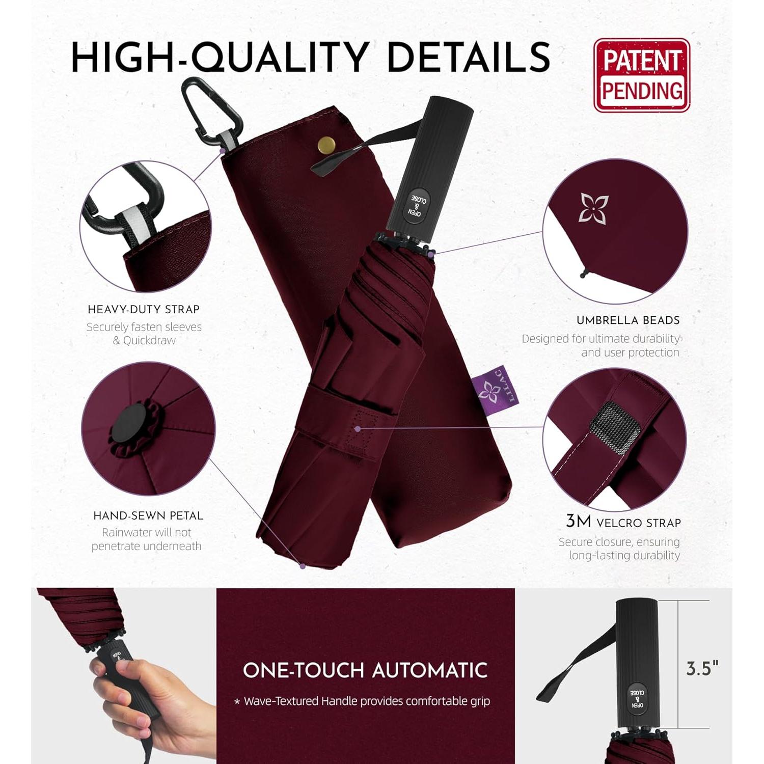 Paraguas UV Lila Burdeos - Plegable, Automático, UPF 50+