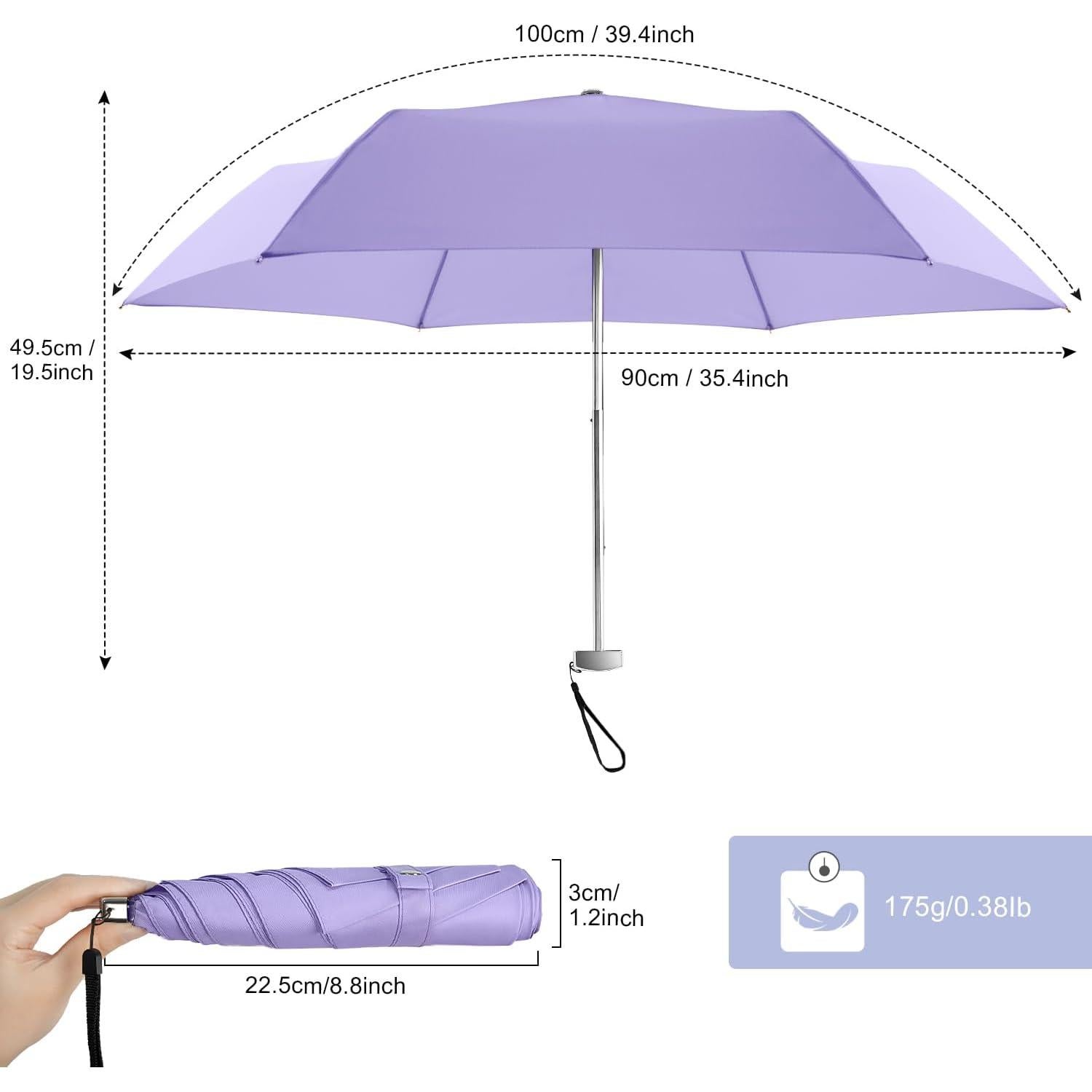Paraguas Mini Lejorain Plegable Negro 100 cm Ligero Compacto