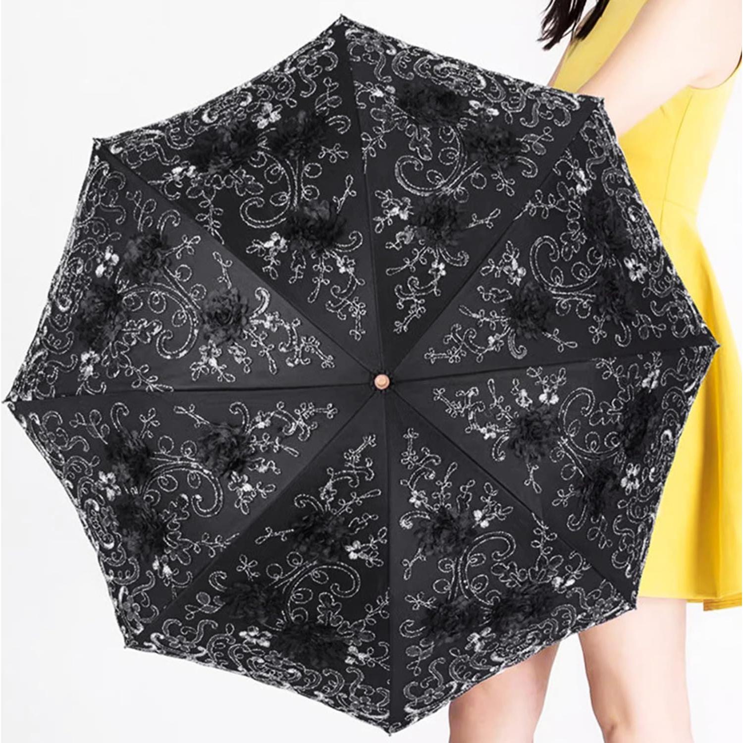 Paraguas Plegable Anti-UV Shaqmars Bordado Negro 95x65cm