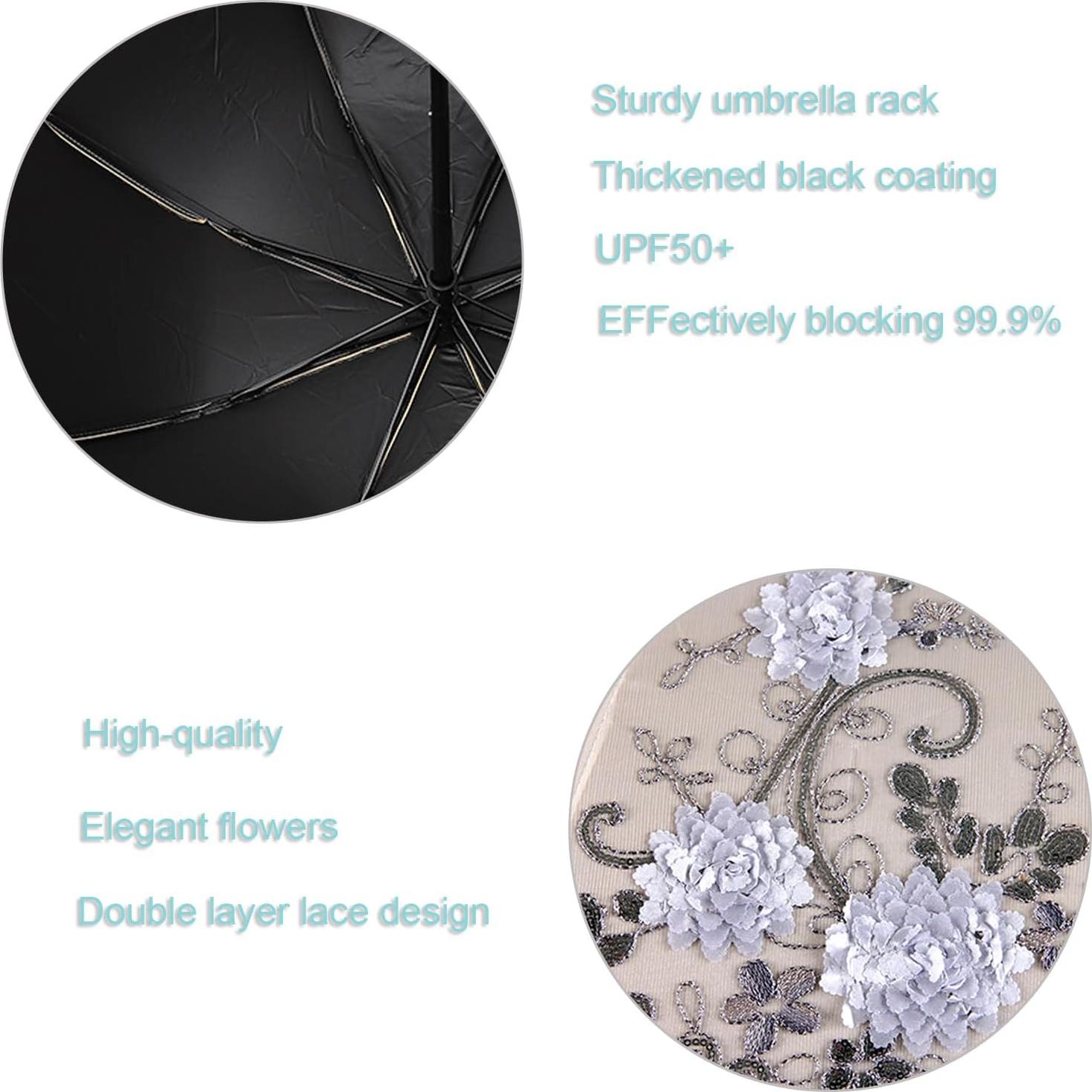 Paraguas Plegable Anti-UV Shaqmars Bordado Negro 95x65cm